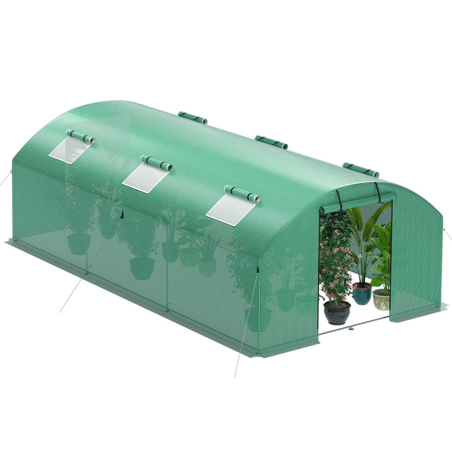 Szklarnia 300 x 600 x 200 cm, szklarnia warzywna z 6 oknami i 2 drzwiczkami z zamkiem błyskawicznym, 140 g/m² PE UV50+, osłona kotwy gruntowe i liny przeciwwiatrowe do stabilnego mocowania w