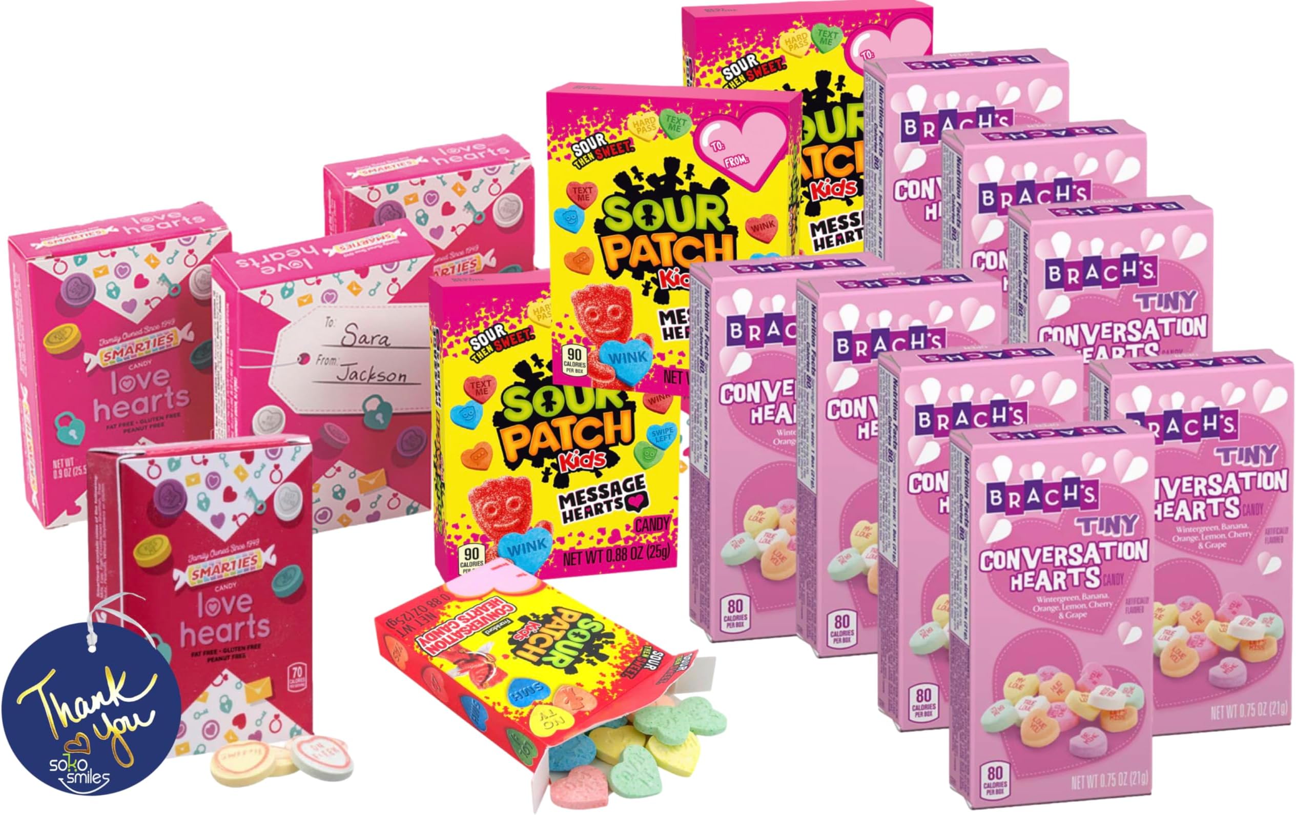 Soko Smiles Valentines Day variety Candy pack | 16 Tiny Conversation Love Hearts Packets | For Classroom, Sunday School, Daycare