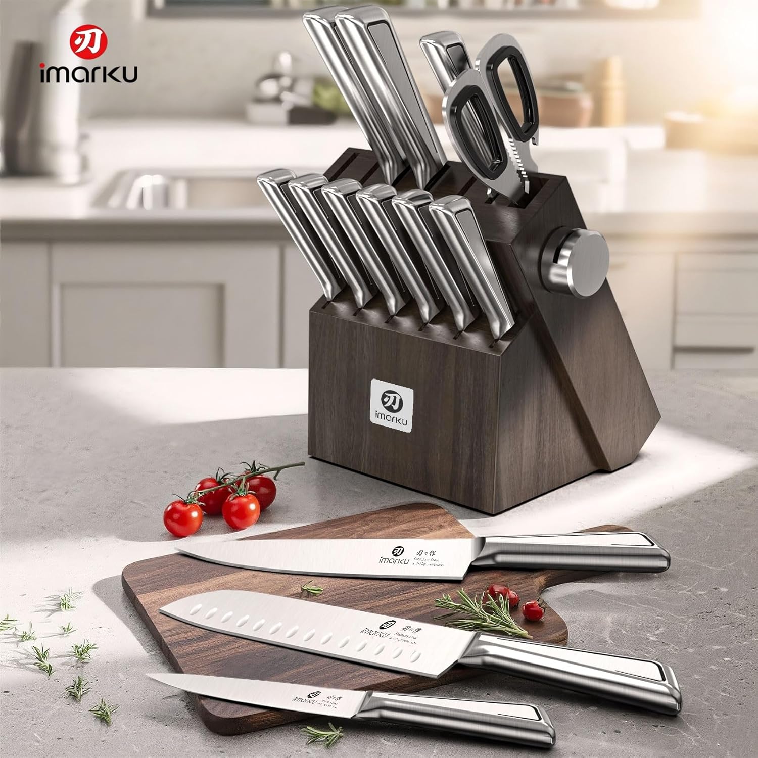 Knife Sets for Kitchen with Block imarku G14 Japanese Knife Set Stainless Steel Kitchen 14pcs, Built-in Sharpener, Sharp Knives with Non-slip Ergonomic Handle - Dishwasher Safe, Home Essential Gifts - Image 2