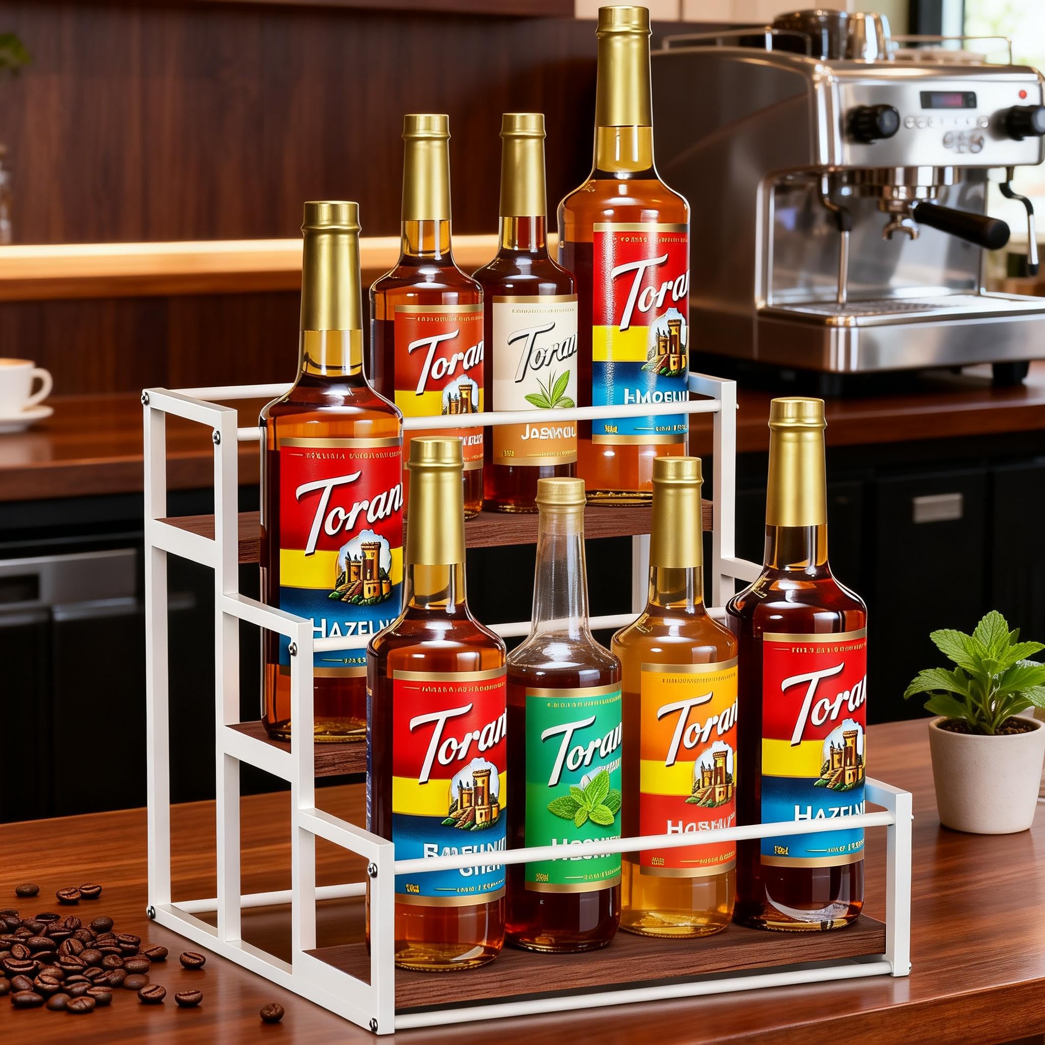 THYGIFTREE Étagère à sirop de café à 3 niveaux pour 12 bouteilles de sirop, support pour station de café, étagères de rangement pour sirop, vin, vinaigrette pour cuisine, blanc