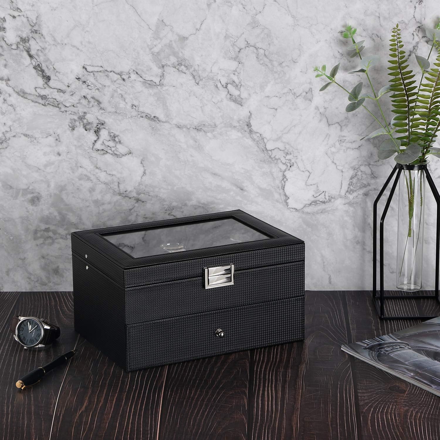 BEWISHOME Watch Box Organizer 20 Slots Watch Case Men Display Storage Case Metal Hinge Carbon Fiber Design Glass Top Large Holder Black SSH04C