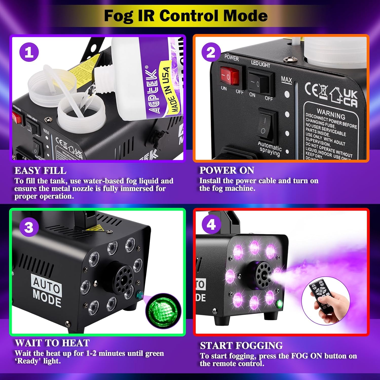 AGPTEK Fog Machine, Smoke Machine with 12 Colorful LED Lights Effect, Upgraded Auto Mode 600W 4000CFM Fog & 1 Wireless Remote,Low Fluid Auto Shut-Off,Good for Wedding Halloween Party and Stage Effect