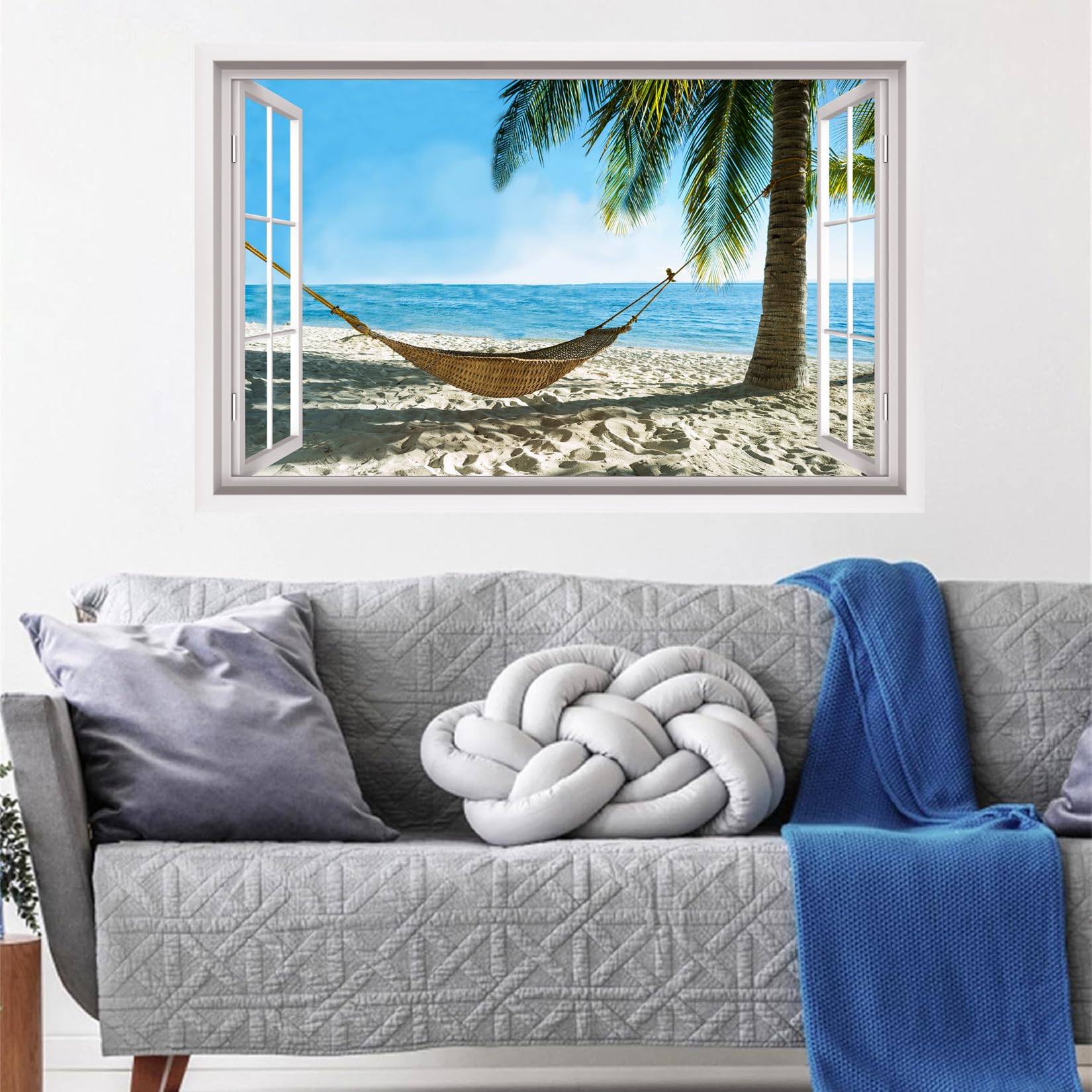 ANHUIB 3D Fake Window Wall Sticker 3D Beach Wall Stickers Seaside Landscape Wall Stickers 3D Sea View Wall Art for Living Room Mural Decals for Bedroom Bathroom Removable Seascape Decals 84×52cm