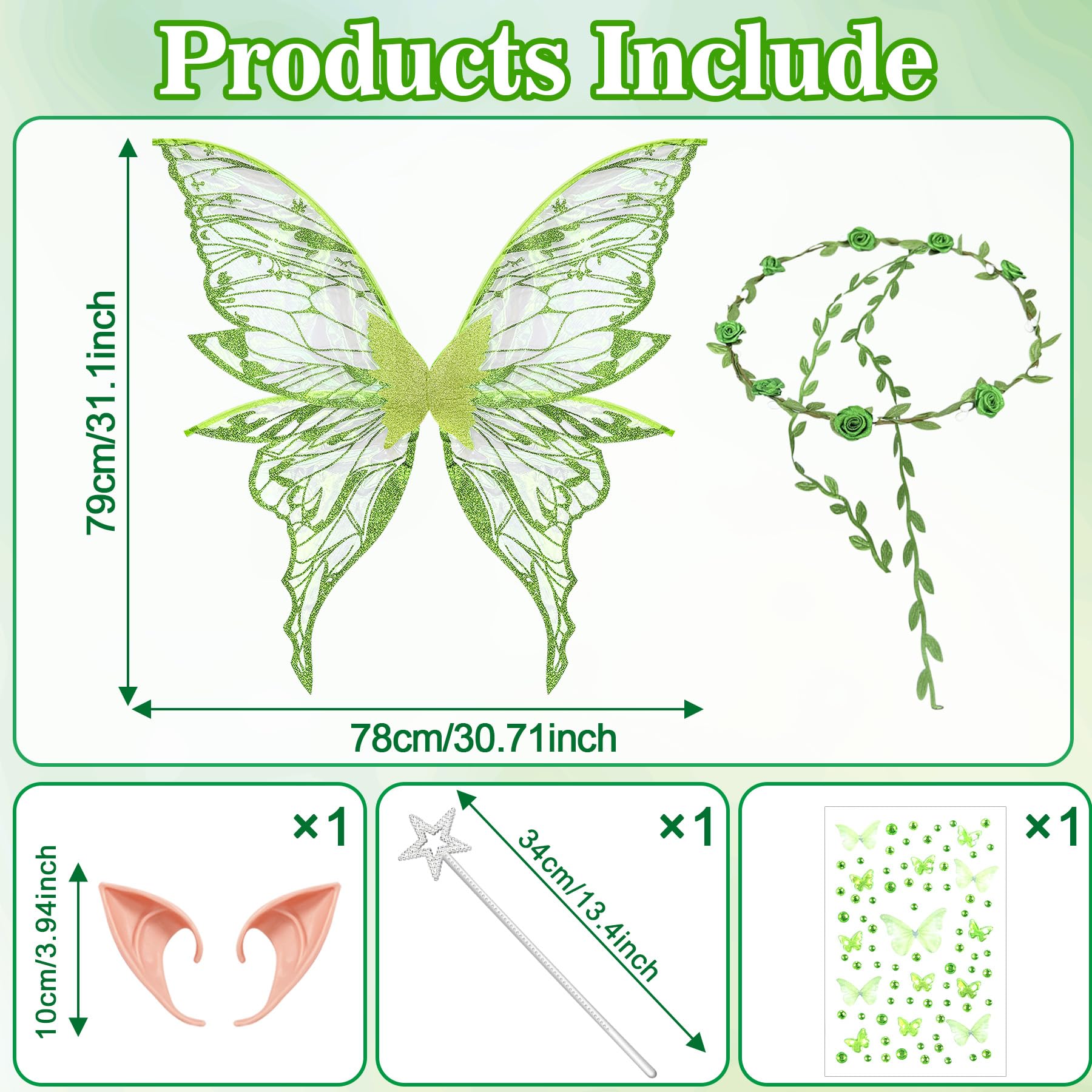 YeahBoom Children's fairy wings, butterfly wings with elf ears, fairy headband and star fairy wands, butterfly wings - Image 2