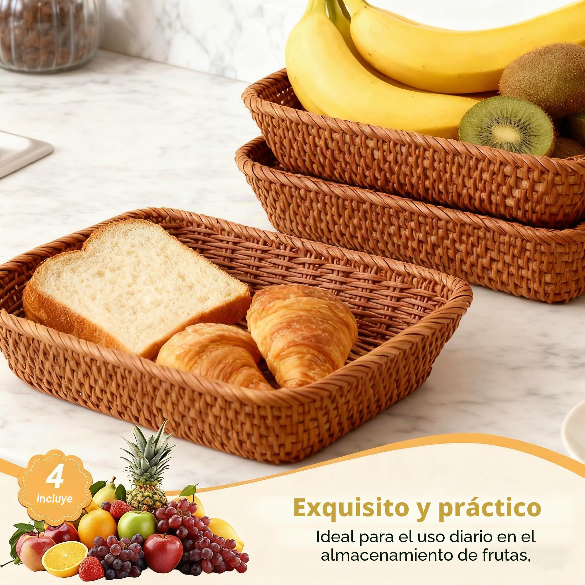 DAJAVE Juego de 4 cestas para panecillos 40x30x8 cm, cestas de pan trenzadas, cesta de mimbre de ratán, cesta de almacenamiento tejida de mimbre para verduras, frutas, pan, alimentos, para el hogar