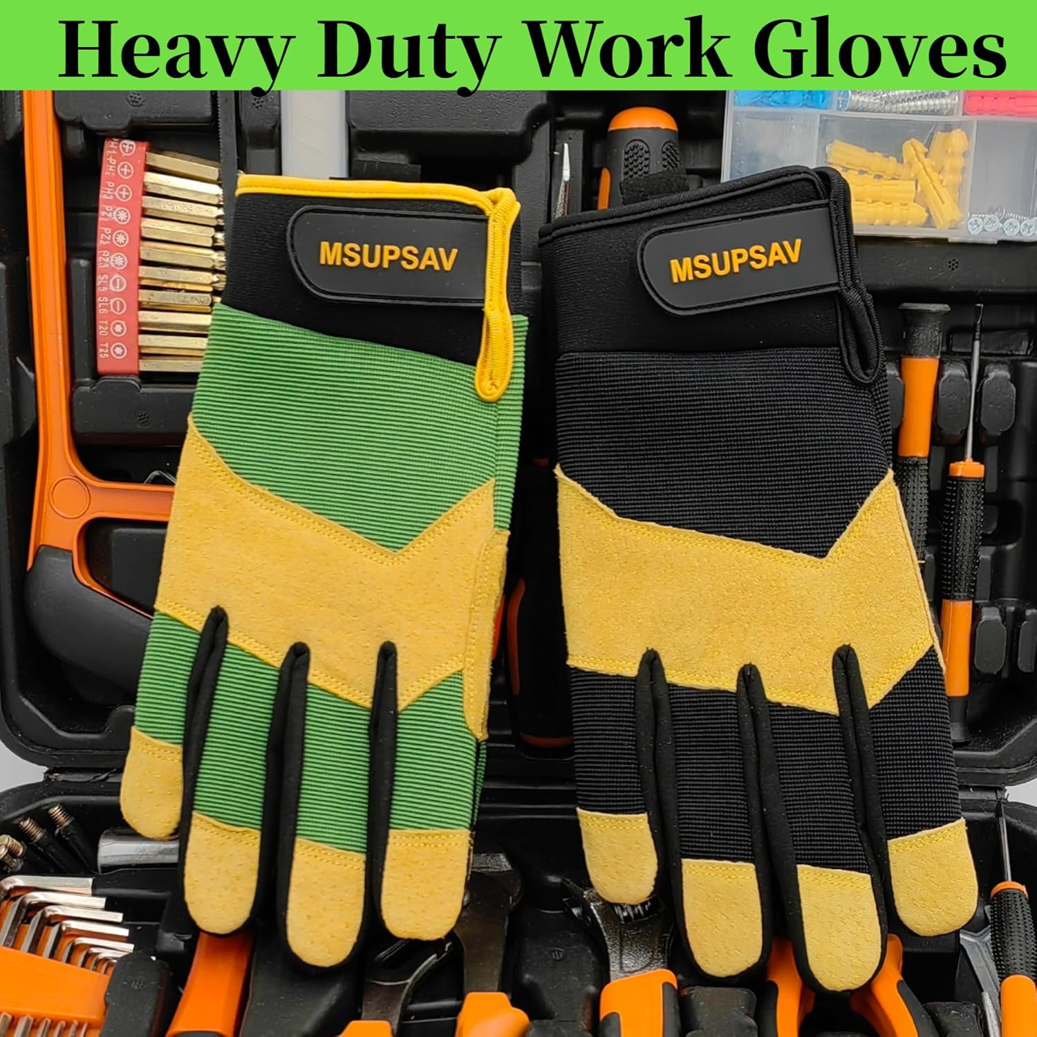Utility Outdoor Safety Work Gloves,Working Glove,Split Leahter with Padded Knuckles & Palm,Green+Yellow,Large - Image 5