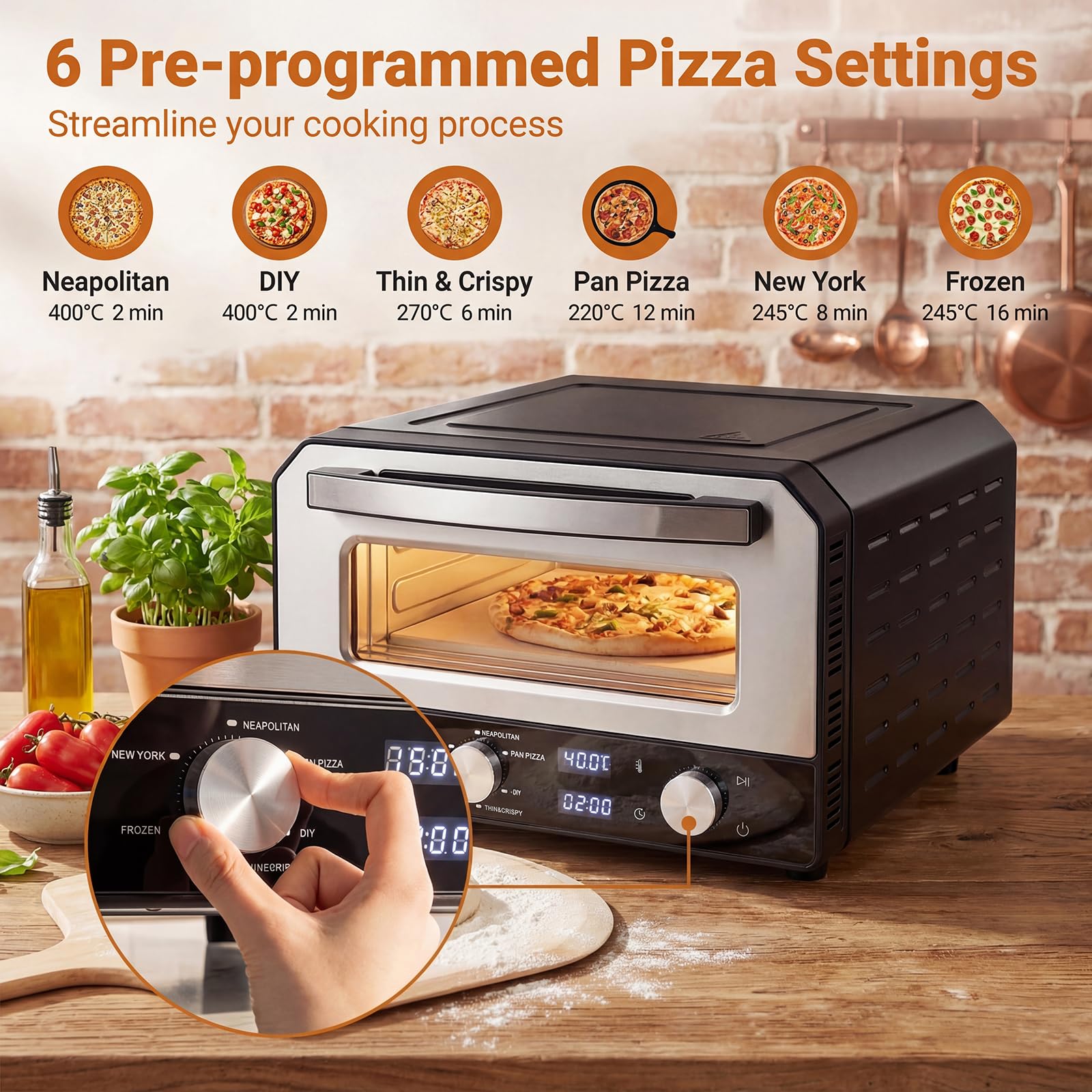 LIFEZEAL Four Électrique pour Pizza, Four de Table avec 6 Programmes, Cuisson en 2 Minutes, Température et Temps Réglables, Machine de Table pour Pizza à 400℃ avec Pierre Rétractable, Couteau à pizza