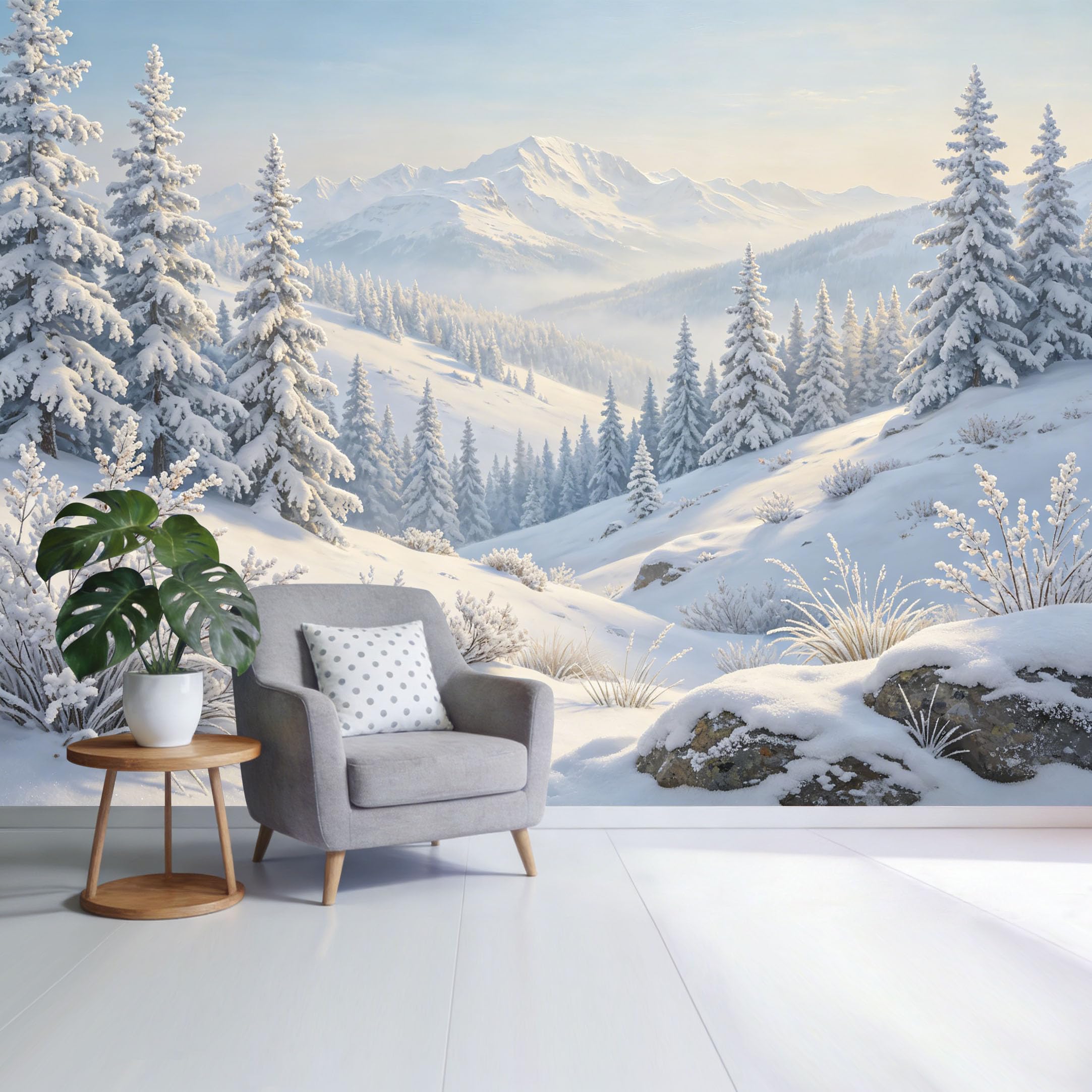 Custom Size Wall Mural Snowy Mountain Landscape Winter Forest Pine Trees Scenic Nature View SelfAdhesive Wall Fabric Removable Wallpaper for Home Office Decor