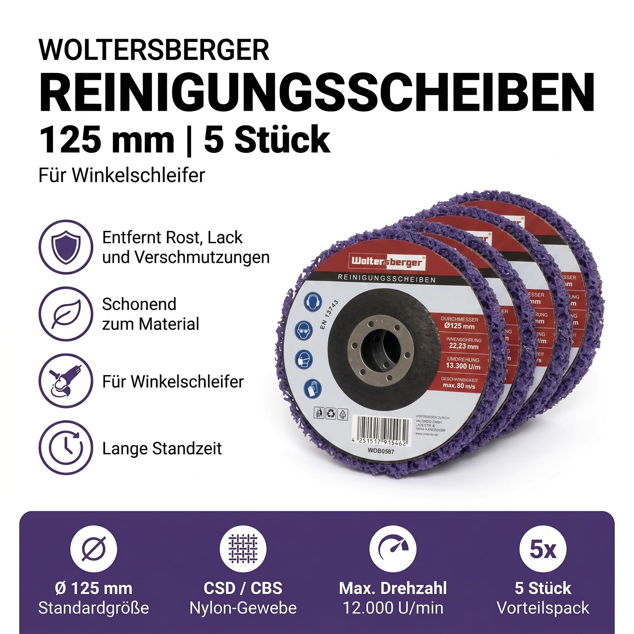 Woltersberger Lot de 5 disques de nettoyage et décapage pour meuleuse d'angle en nylon non tissé avec carbure de silicium Ø 125 mm