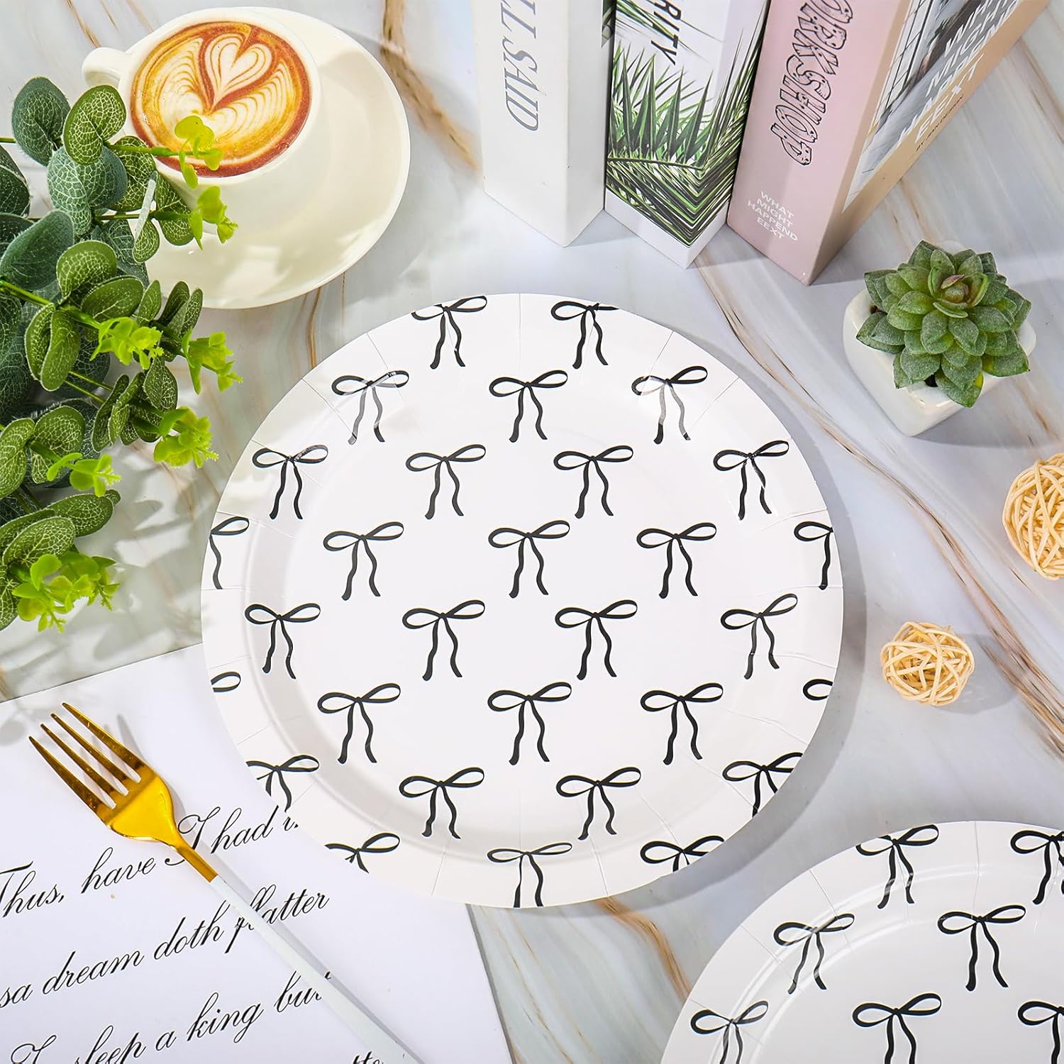 50Pcs Black Bow Paper Plate Cute Bowknot Disposable Plates 9 Inch Dinner Dessert Plates for Coquette Birthday Baby Shower Party Tableware Supplies - Image 4