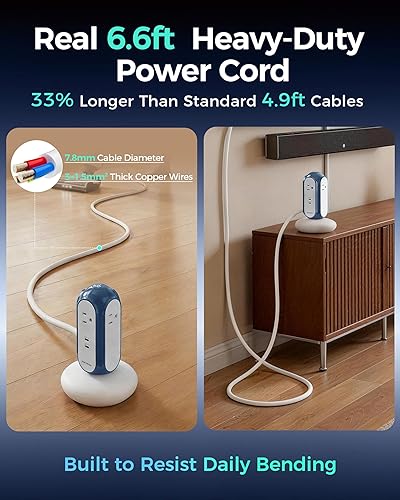 Miniatura 8 de MiaoLab Regleta de alimentación en torre de 1875 W/15 A con 4 salidas de CA + 2 USB-C (carga rápida de 30 W), protector de sobretensiones de 1420J,