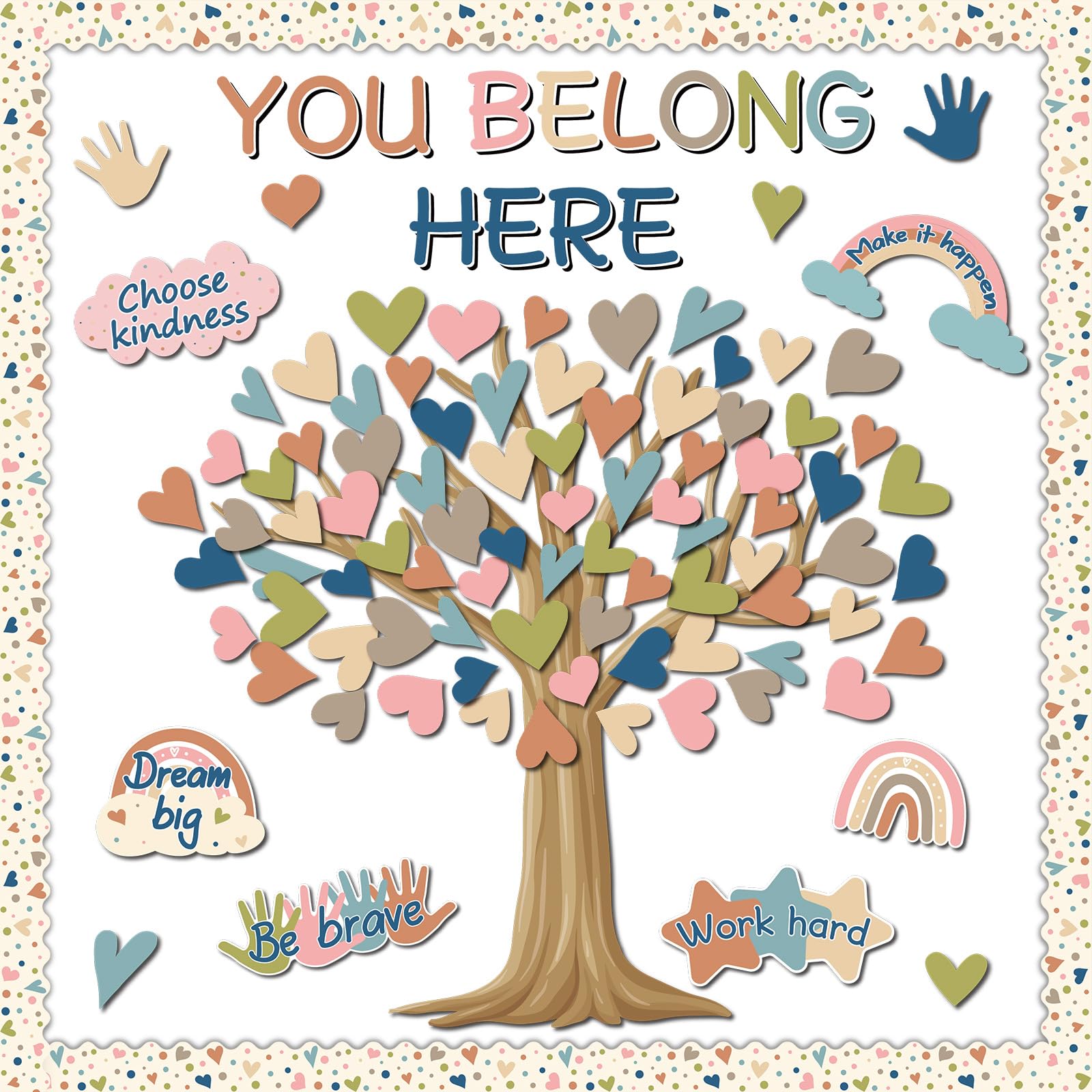 Boho Classroom Tree Bulletin Board Decorations Heart Cutouts Border Welcome Classroom You Belong Here Bulletin Board Decor Supplies for Chalkboard