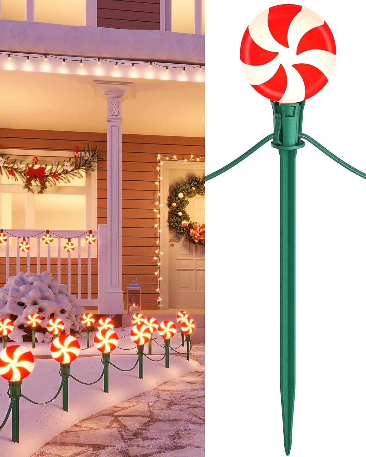 SURAIELEC Christmas Lollipop Pathway Lights Outdoor, 25FT Set of 20 LED Peppermint Candy Lights with Stakes, Connectable Waterproof Walkway Lights for Lawn, Driveway, Yard, Christmas Tree, UL Listed