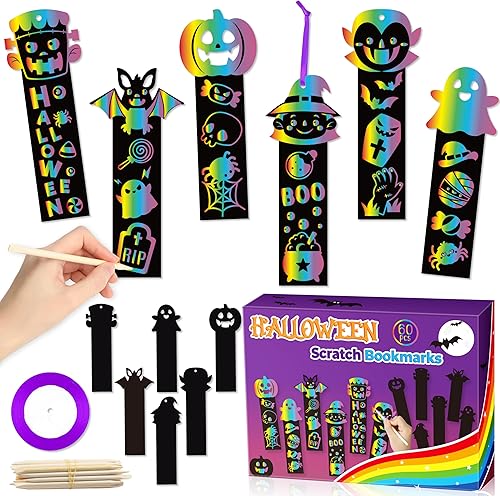 Miniatura 1 de BeYumi Juego de 60 marcapáginas de rascar de Halloween para niños, bricolaje, calabaza, murciélago, bruja, Frankenstein, espeluznante, vampiro,