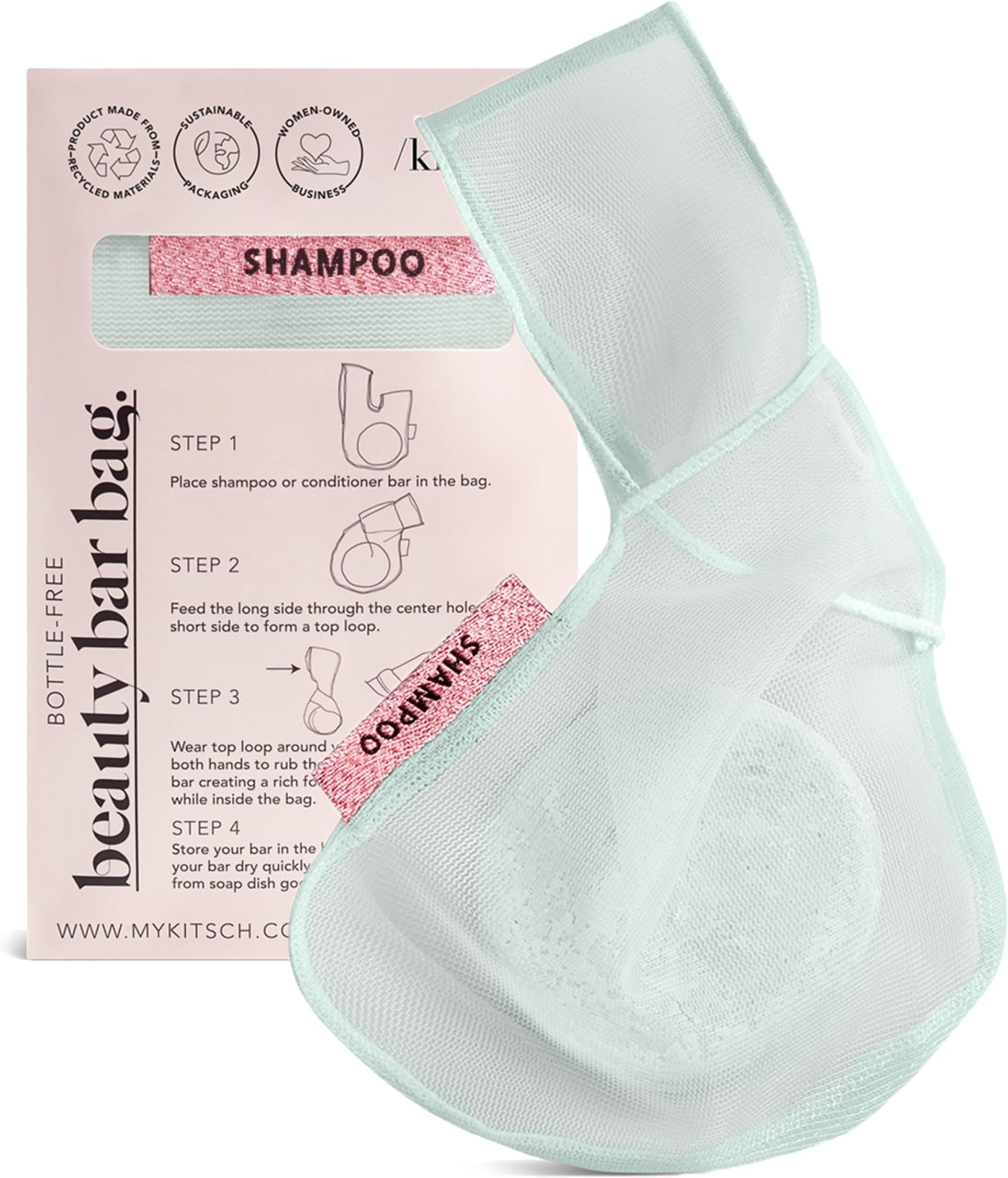 Kitsch Bar Soap Saver Bag – Patented Mesh Bag Soap Holder for Shampoo and Conditioner Bars - Extends Use & Prevents Soggy Mess - Recycled Mesh Beauty Pouch, Eco-Friendly – Mint