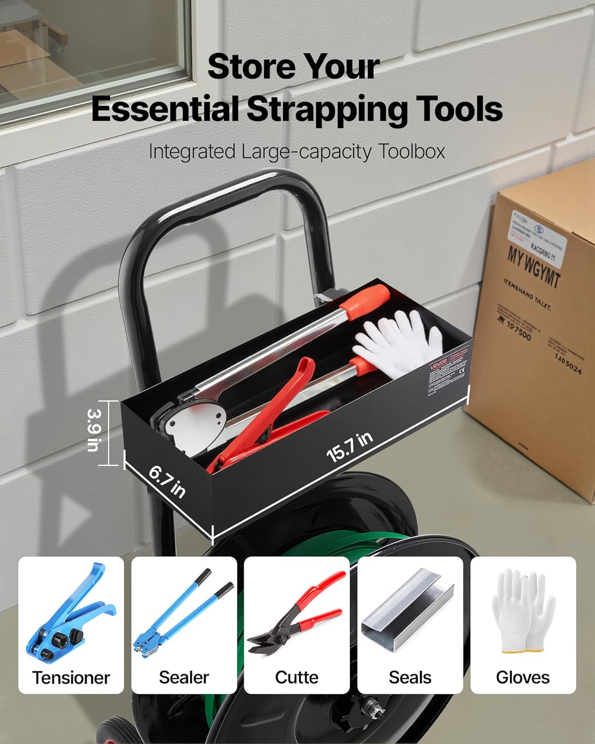 VEVOR Banding Strapping Cart, Fit for PET/PP/Polyester Strapping Coils with 8 inches Core Size, Heavy Duty Strapping Dispenser Equipped with Upgrade Brake System, Built-in Spacious Tray for Tools