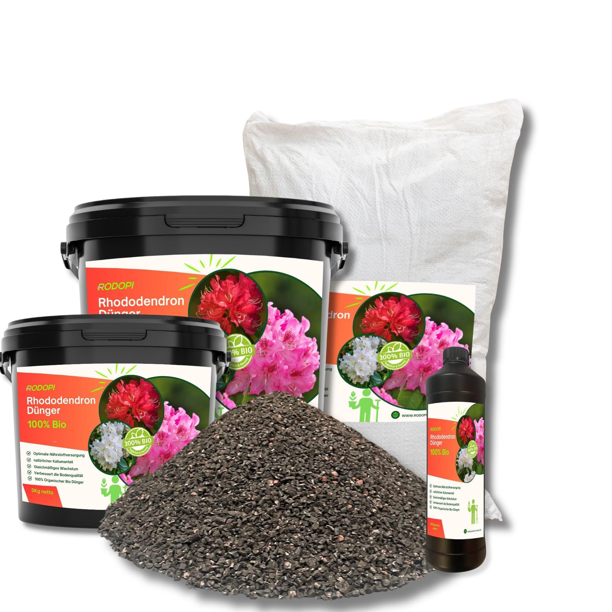 Rodopi Bio-Rhododendrondünger Granulat 7-3-8 – 3 Monate Langzeitwirkung – 100% pflanzlich & pH-senkend – Organischer NPK-Dünger mit Eisen, Magnesium & Mykorrhiza 7kg