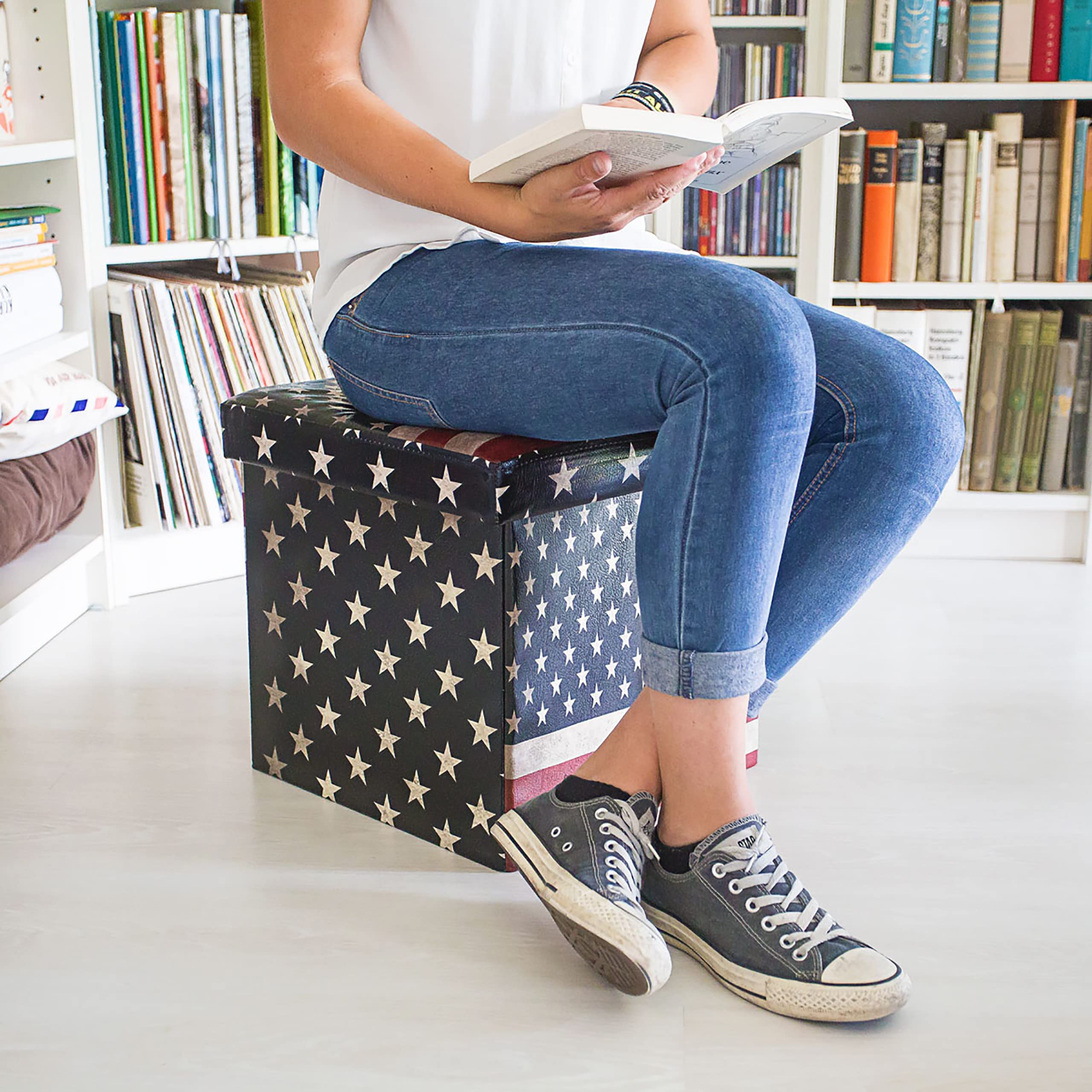 Relaxdays Tabouret Pliant Coffre Rangement - 38x38x38cm - Similicuir - Capacité 40L - Charge 300kg - Design Vintage