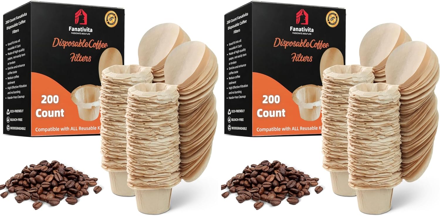 200 Count Fanativita K Cup Filters Disposable with Genius Lid Design, Fit All Reusable K Cups for Keurig (Unbleached) (Pack of 2)