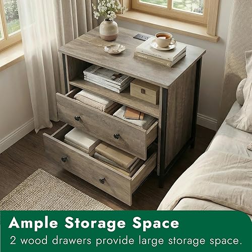 Miniatura 7 de Mesita de noche de 27 pulgadas de ancho, mesita de noche grande de madera con 2 cajones, mesita de noche LED con estación de carga y cajón Gris