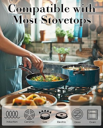 Vista 3 de Cook N Home Juego de sartenes antiadherentes de 3 piezas, 8, 9.5, 11 pulgadas, sartén de cocina para saltear compatible con inducción, turquesa