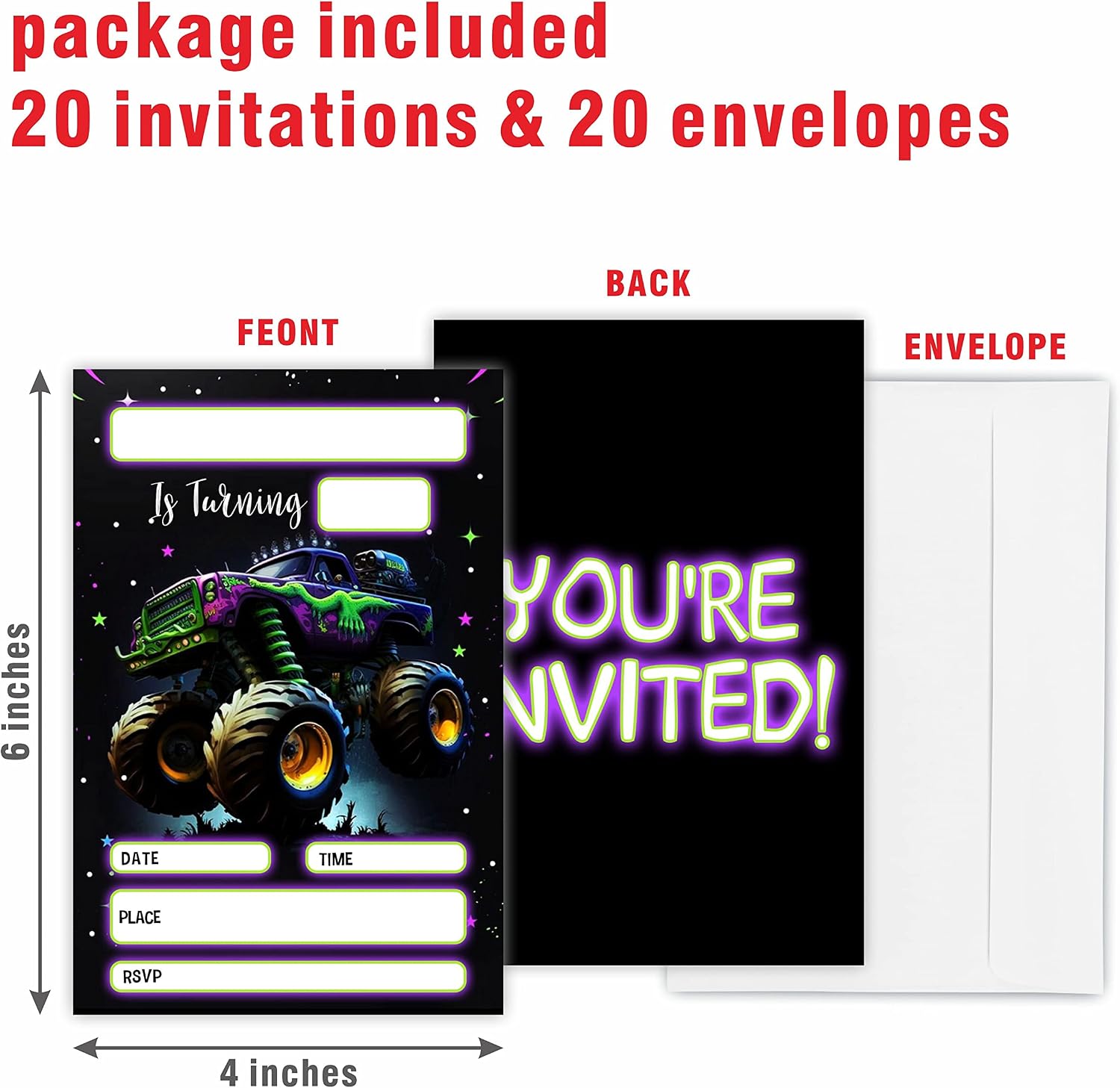 GREOXG Monster Truck Theme Birthday Invitations, 20 Count, 4 x 6 Inches, Coated Paper, Multicolor