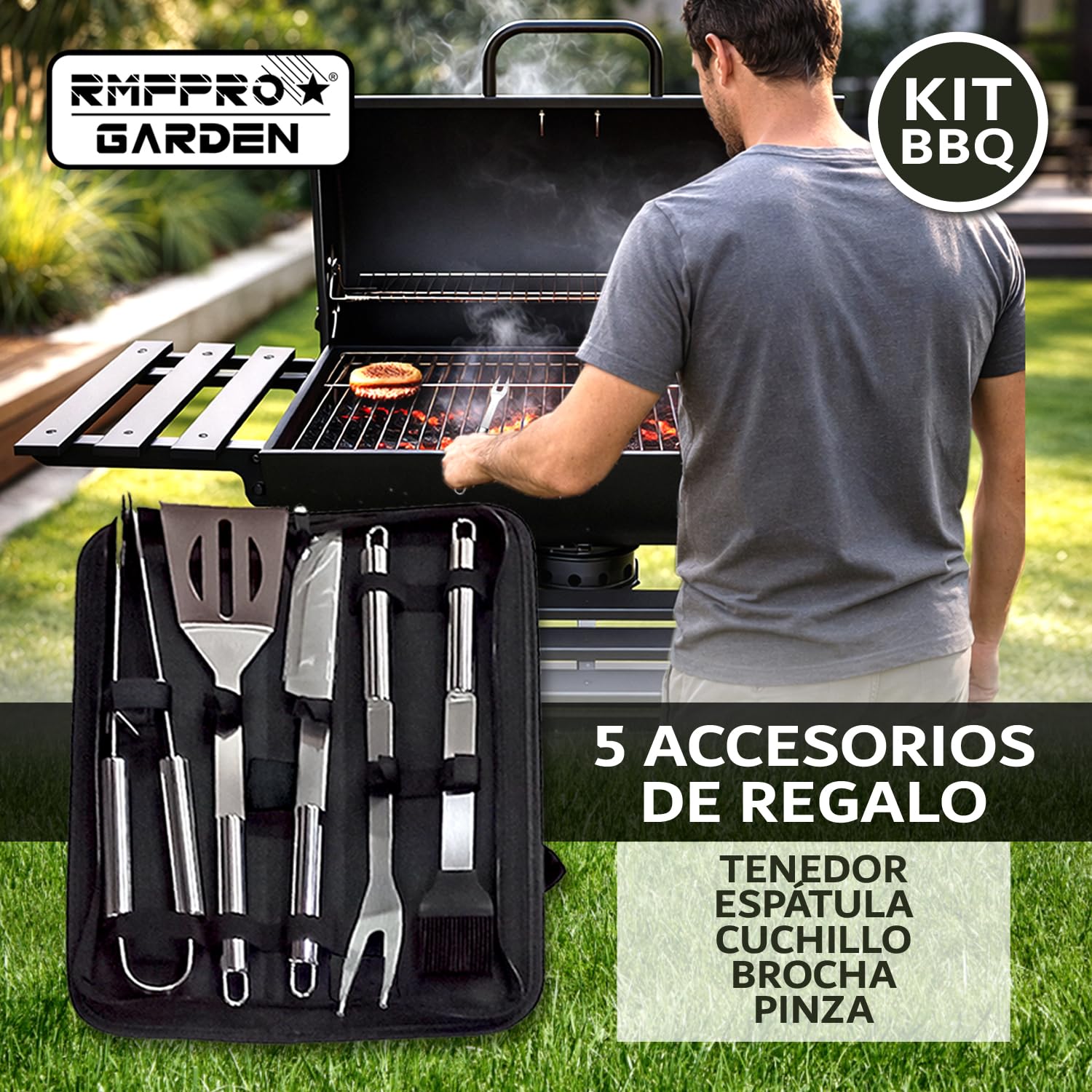 RMF Barbacoa de Carbón con Parrilla XL con Termómetro Integrado - Kit de Accesorios y Funda incluidos, Carrito de Acero Resistente con Ruedas, Estantes Laterales Plegables, Cenicero Extraíble