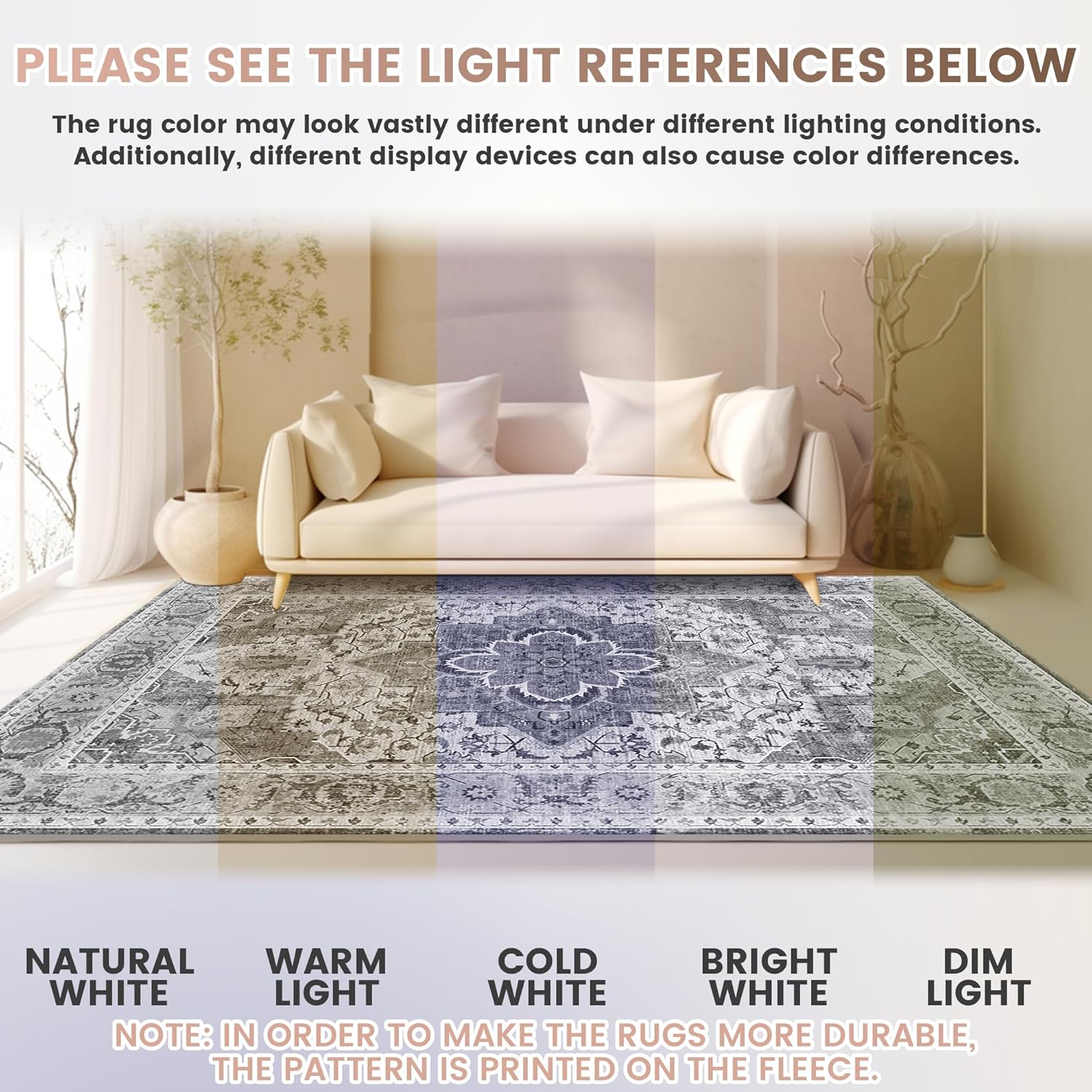 Boho Vintage Area Rug, 5x7 Washable Retro Bohemian Moroccan Oriental Neutral Large Rugs, Ultra Thin Low Pile Lightweight Indoor Nonshedding Nonslip Floor Carpet for Living Room Bedroom Kidsroom Office