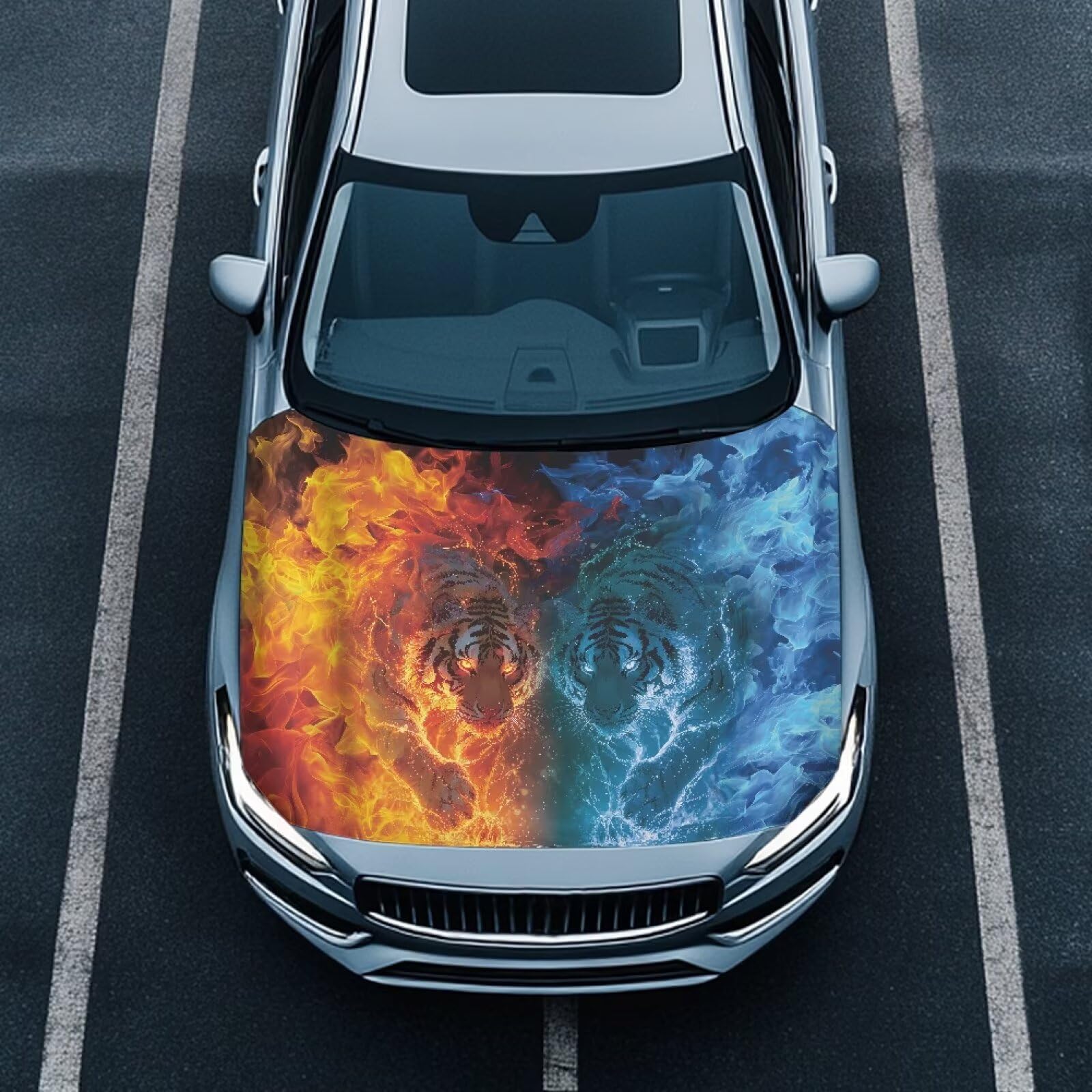Car Hood Cover Protector, A Washable Automotive Accessory with Flaming Tiger Design for Car Front Hoods