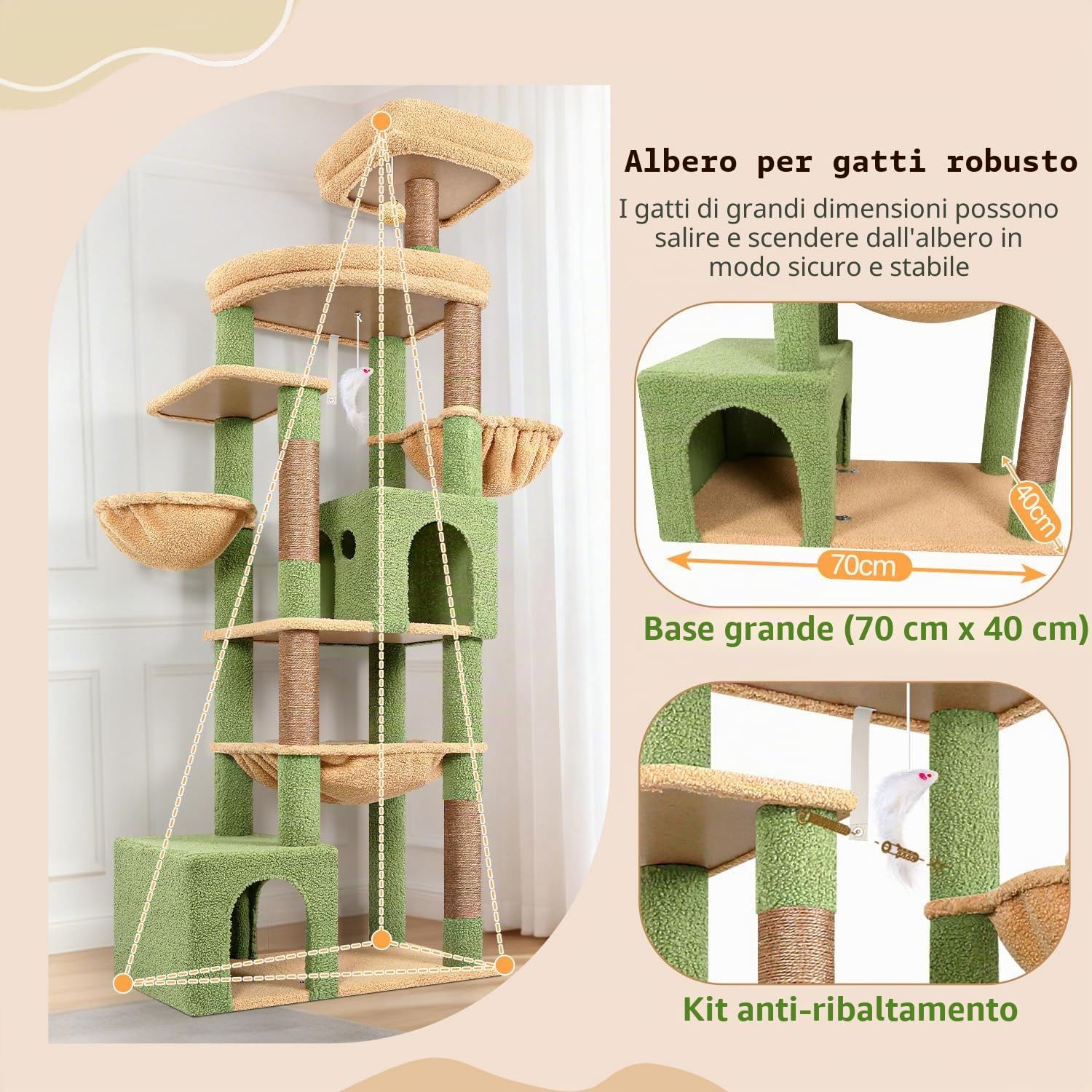 Globlazer Albero Tiragraffi per Gatti XXL 194 cm con 2 Grande Grotte, Immenso Amaca 50 * 40CM, Piattaforma Imbottiti, 2 Cestini, Trespoli, Enorme Cactus Tiragraffi per 3-5 Gatti Adulti (S76B, Verde)