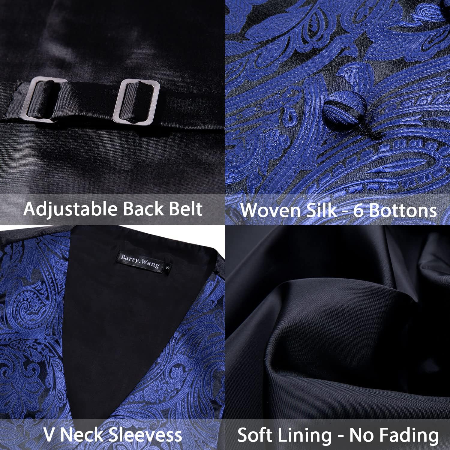 Barry.Wang Formal Men Flower Vest Paisley Jacquard Silk Ties Suit Waistcoat Set Wedding 5PCS - Image 6