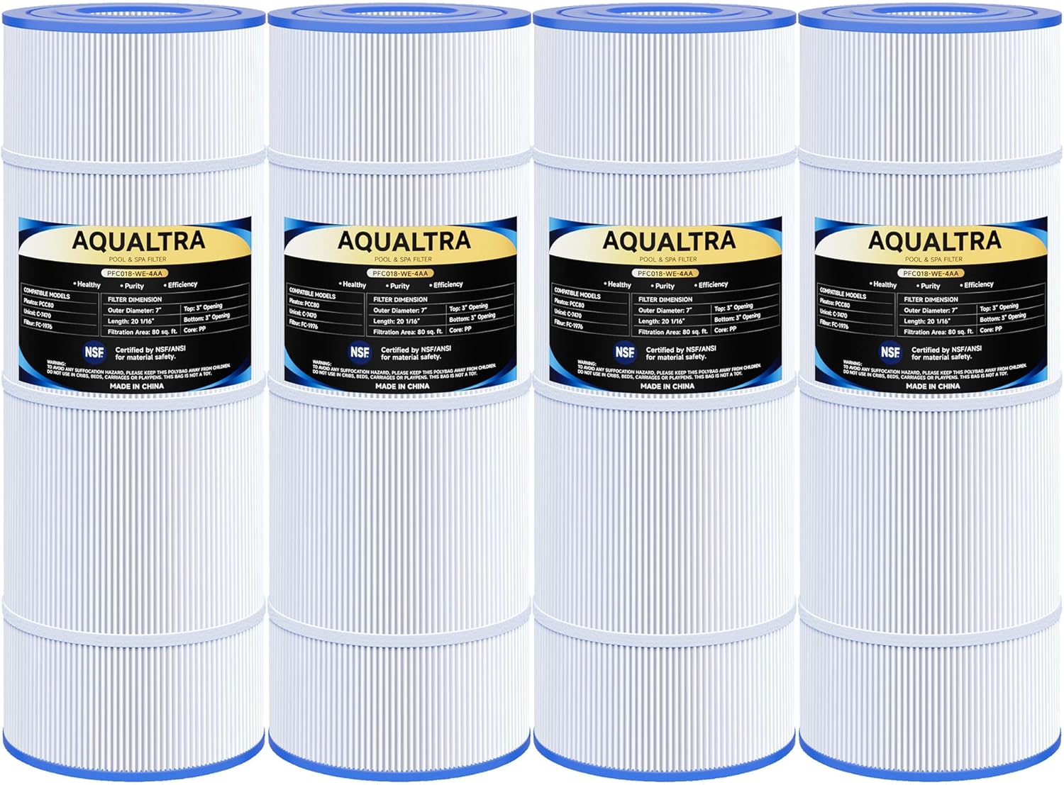 AQUALTRA Pool Filter Compatible with CCP320, PCC80-PAK4, Ultral-A5, C-7470, R173573, FC-1976, 178580, 817-0081, 80 sq. ft., 20 1/16" x 7" 4 Pack