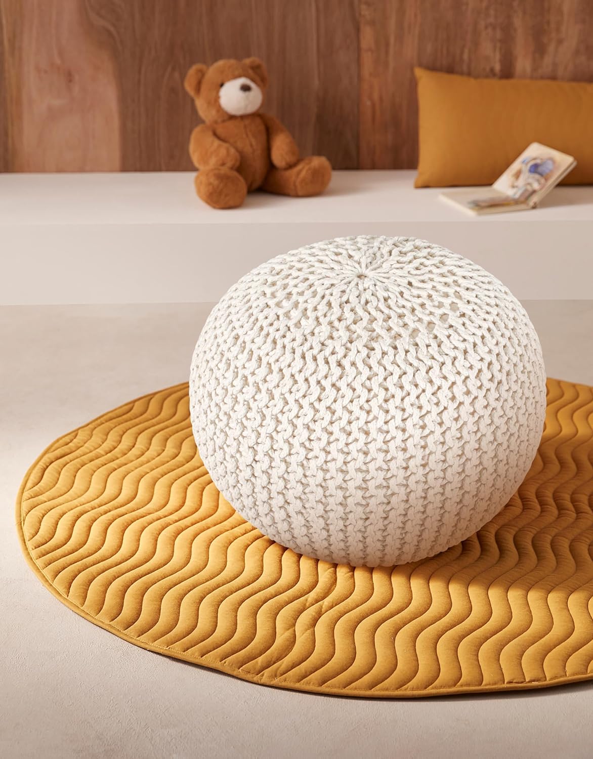 Palisa Round Pouf Ottoman - Ivory, Stuffed Boho Cable Knitted Foot Rest Stool for Couch, Living Room, Outdoor Patio Seat | Hand Woven Chair Pouffs for Kids Bedroom - 20x20x14 Inches