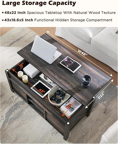 Miniatura 4 de OKD - Mesa de centro de granja de 48" con puerta corrediza estilo granero, mesa rústica con compartimento de almacenamiento oculto, superficie