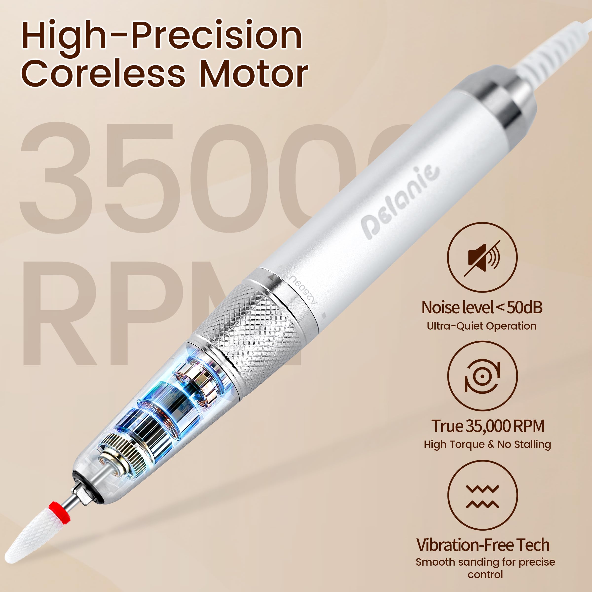 Delanie Torno para Uña con motor sin núcleo profesional de 35 000 rpm, inalámbrica recargable de 5000 mAh con pausa Bonton para manicura y pedicura, incluye 7 puntas y 36 bandas abrasivas, rojo