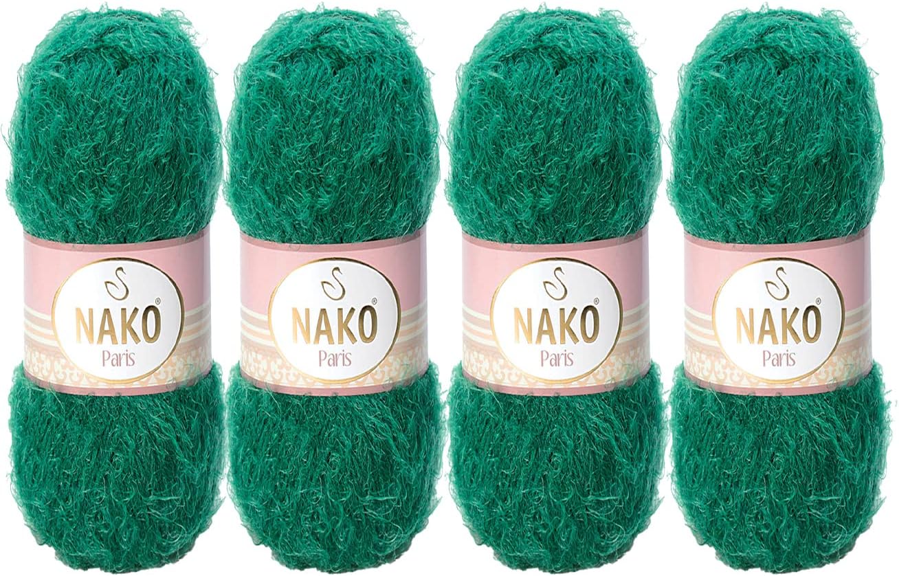 NAKO Paris, Knitting Yarn, Crochet Yarn, Acrylic Shawl Winter Hat Scarf Yarn - 4 Skein(Ball) 40% Premium Acrylic - 60% Polyamide Each Skein/Ball 100 gr 268 yds (Green 3440)