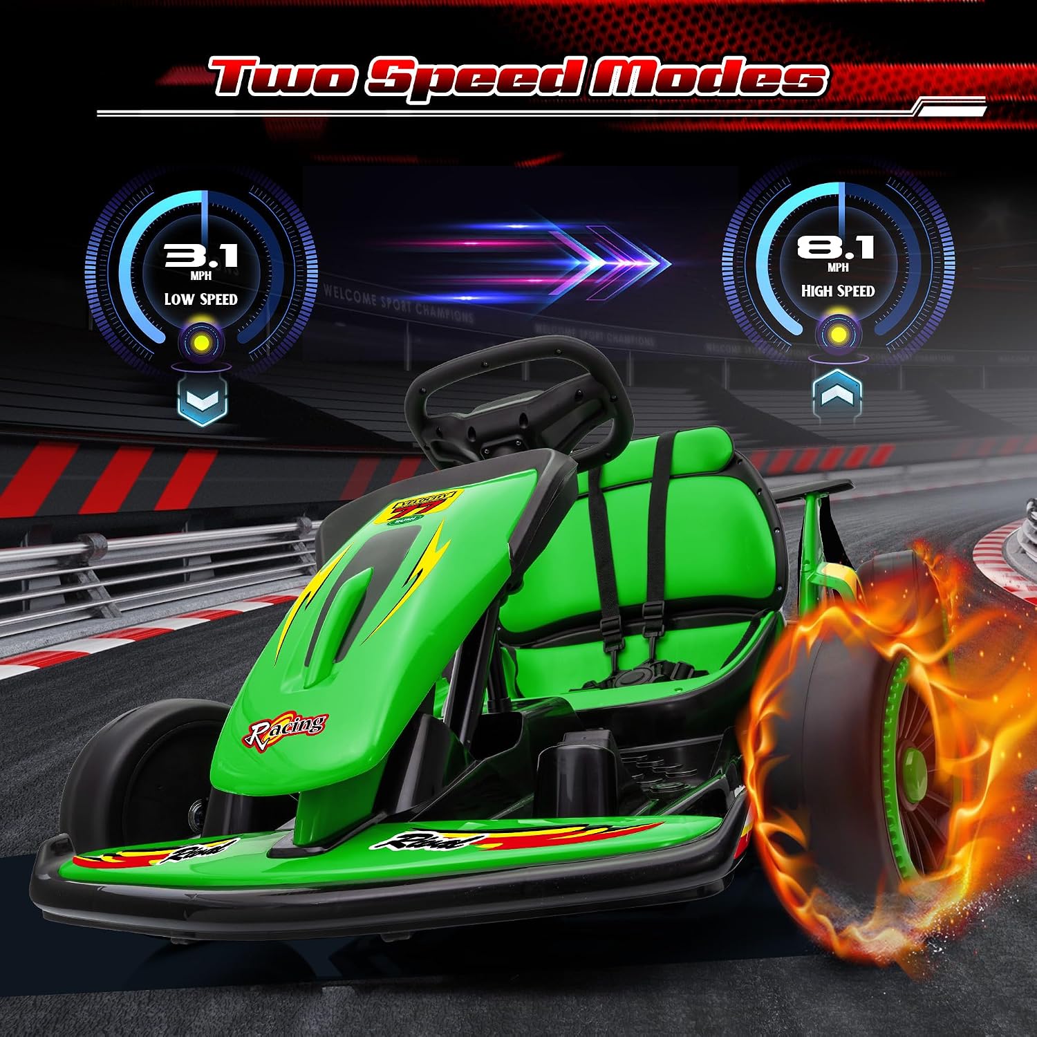 24V Go Karts for Kids Ages 6-12, 400W Electric Go Kart with EVA Tires, Max Speed 8.1 MPH, High/Low Speed, Music, USB, Fast Drift Go-Kart Outdoor Ride on Toy for Boys Girls (Green)