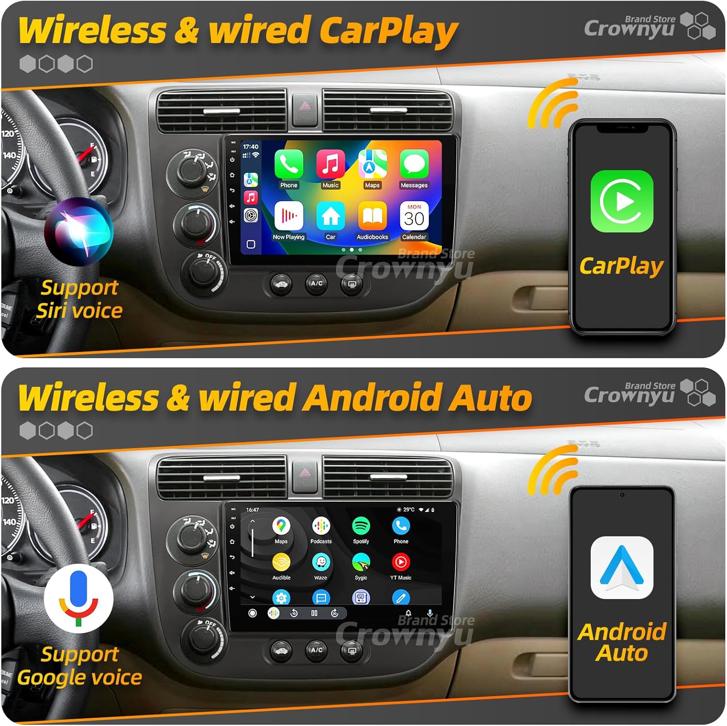 for Civic 2001-2005 Radio Compatible with Wirelessly Carplay Android Auto Upgrade Android Touchscreen Car Stereo Bluetooth Navigation GPS FM WiFi Multimedia Player Backup Camera Head Unit