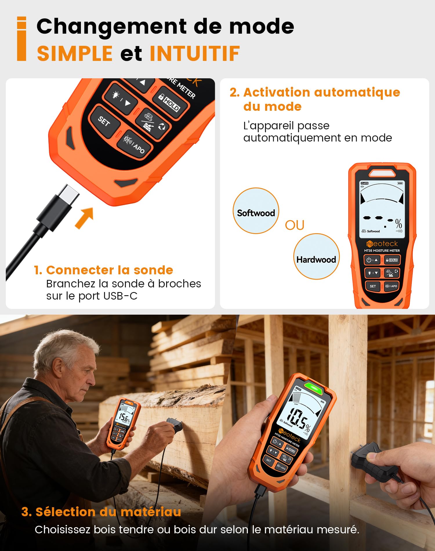 Neoteck Humidimètre 2-en-1 Sans-Pointe & à Sonde – Détecteur d’Humidité Mur & Bois, Écran LCD Couleur, Alerte Sonore/Visuelle, Mesure Placo, Béton, Plâtre, Screed pour Diagnostic Maison