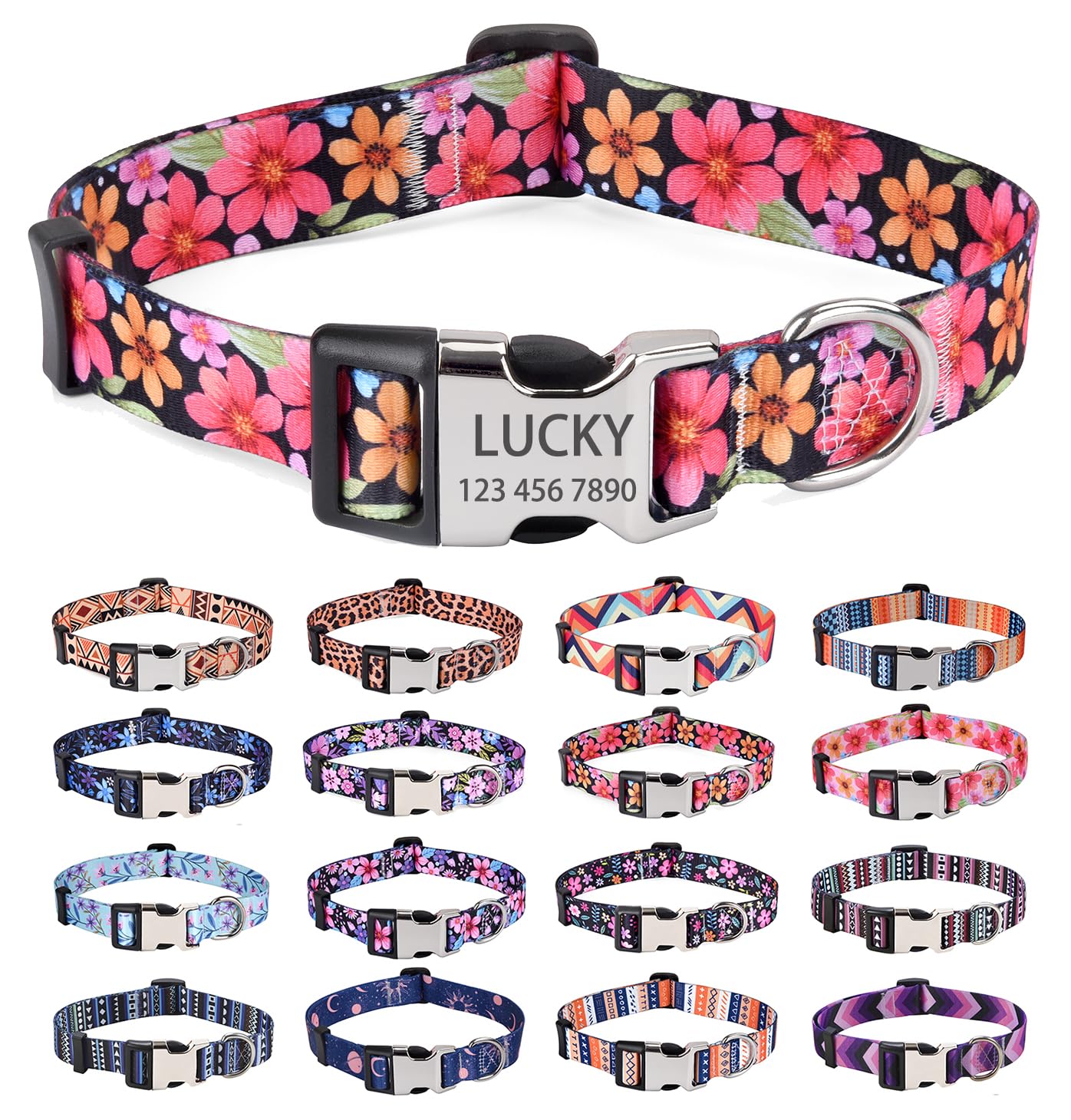 HQYDDMI Personalized Dog Collars - Customized Floral Geometry Dog Collar with Name and Phone Number - Adjustable for Small Medium Large Male Female Boy Girl Dogs(Floral B,L)