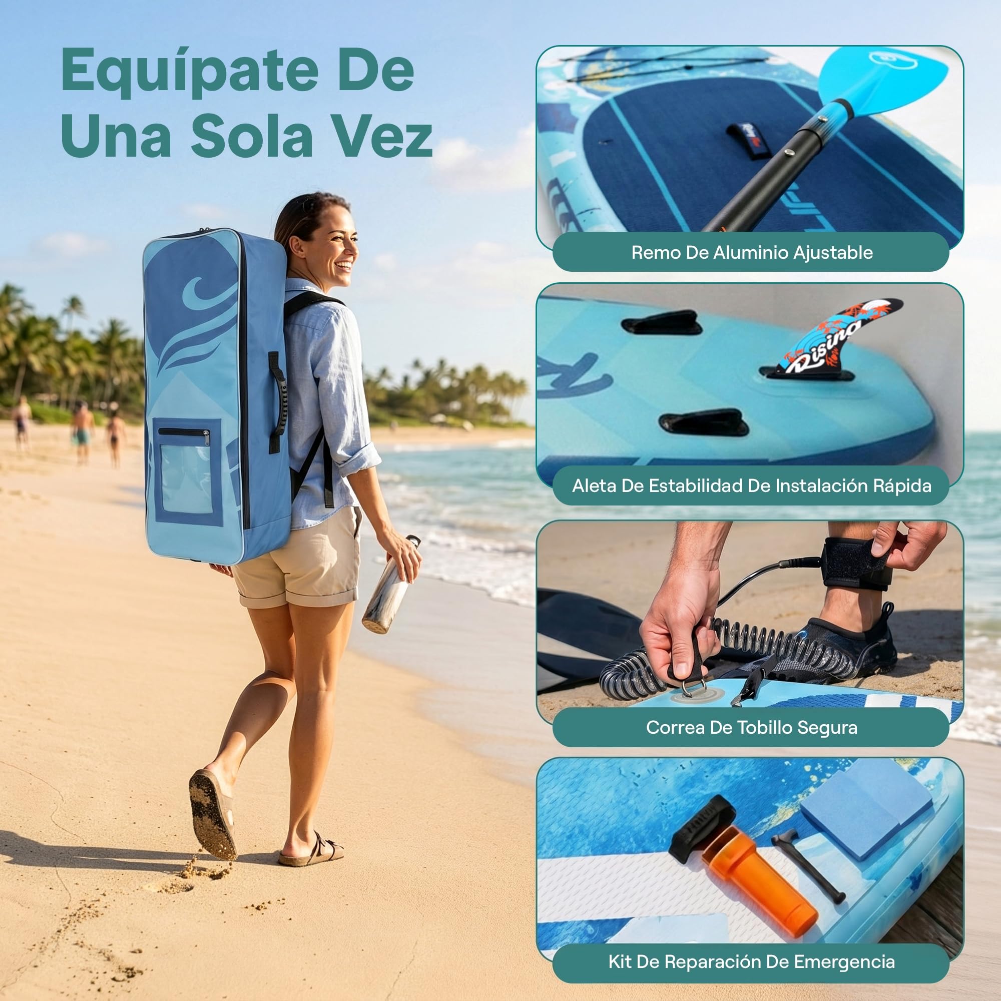 SereneLife tabla paddle surf hinchable, Paddle board, Cubierta antideslizante, Aleta inferior para remar, Estuche para guardar, Barco de pie para jovenes y adultos