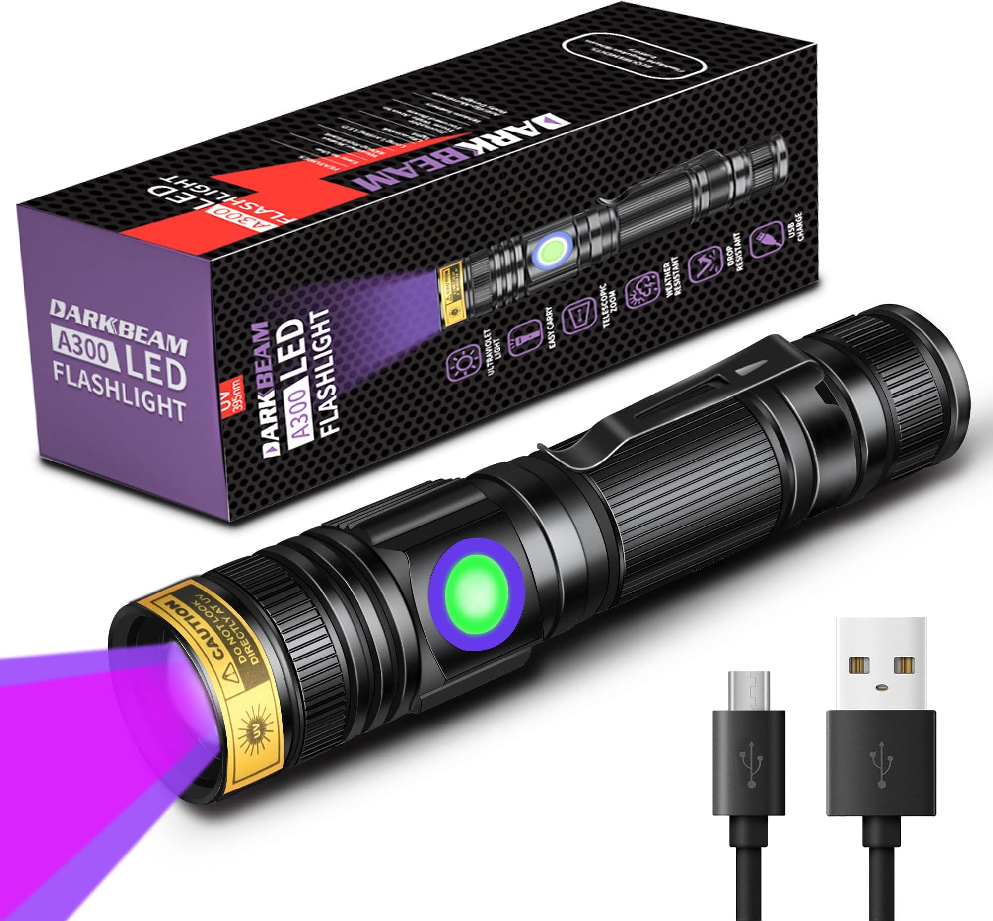 DARKBEAM UV Light Torch Ultraviolet Flashlight Rechargeable 395nm, Wood's Lamp Black Light Blacklight Portable Mini Handheld LED Pet Urine Ringworm Detector, Resin Curing, Pocket-Sized