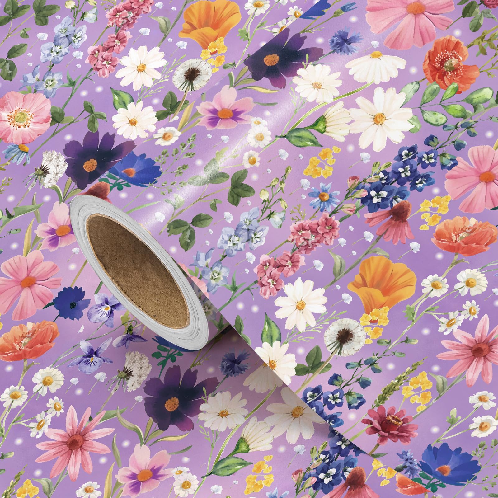 RUSPEPA Floral Wrapping Paper Roll - Mini Roll - 43.2cm x 5m - Purple Wildflower Wrapping Paper for Mother’s Day, Birthday, Wedding, Bridal Shower, Spring Tea Party