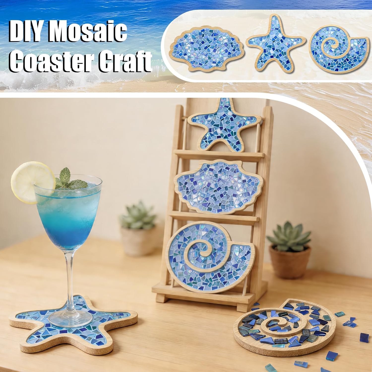 6 Sets DIY Ocean Mosaic Tiles for Crafts Mixed Color Glass Mosaic Kits Wooden Coaster for Drinks Tray Handmade Home Decoration and Gift Idea
