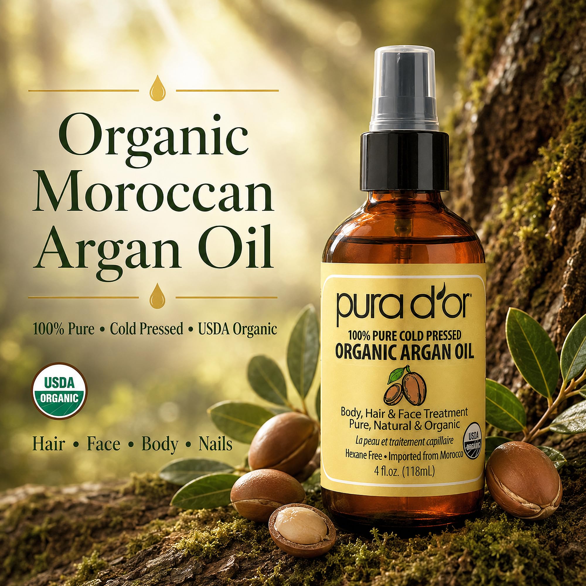 Pura D'Or Olio di argan marocchino biologico 100% puro spremuto a freddo e trattamento idratante organico USDA per viso, capelli, pelle e unghie, 118 ml