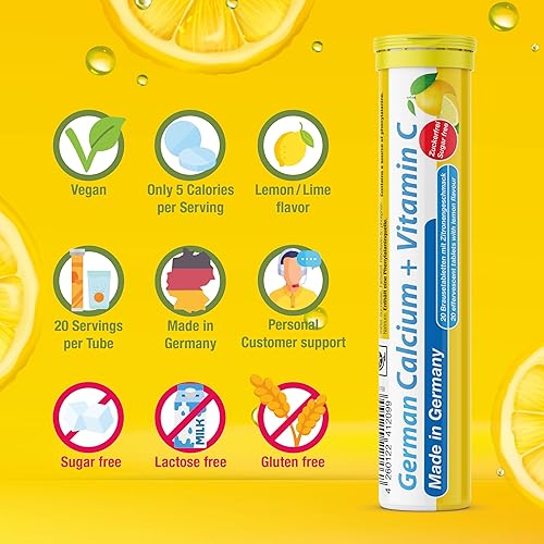 Miniatura 5 de Calcio alemán + VIT. C - 240 tabletas efervescentes de bebida vegana - Sabor limón y lima - Hecho en Alemania