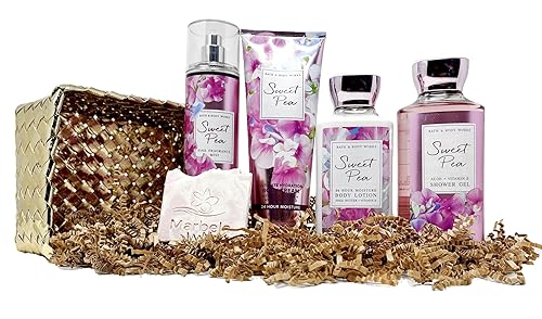 Bath & Body Works Sweet Pea Gold Woven Basket Set de regalo de 4 piezas, fragancia fina, gel de ducha, loción corporal y crema corporal con un jabón