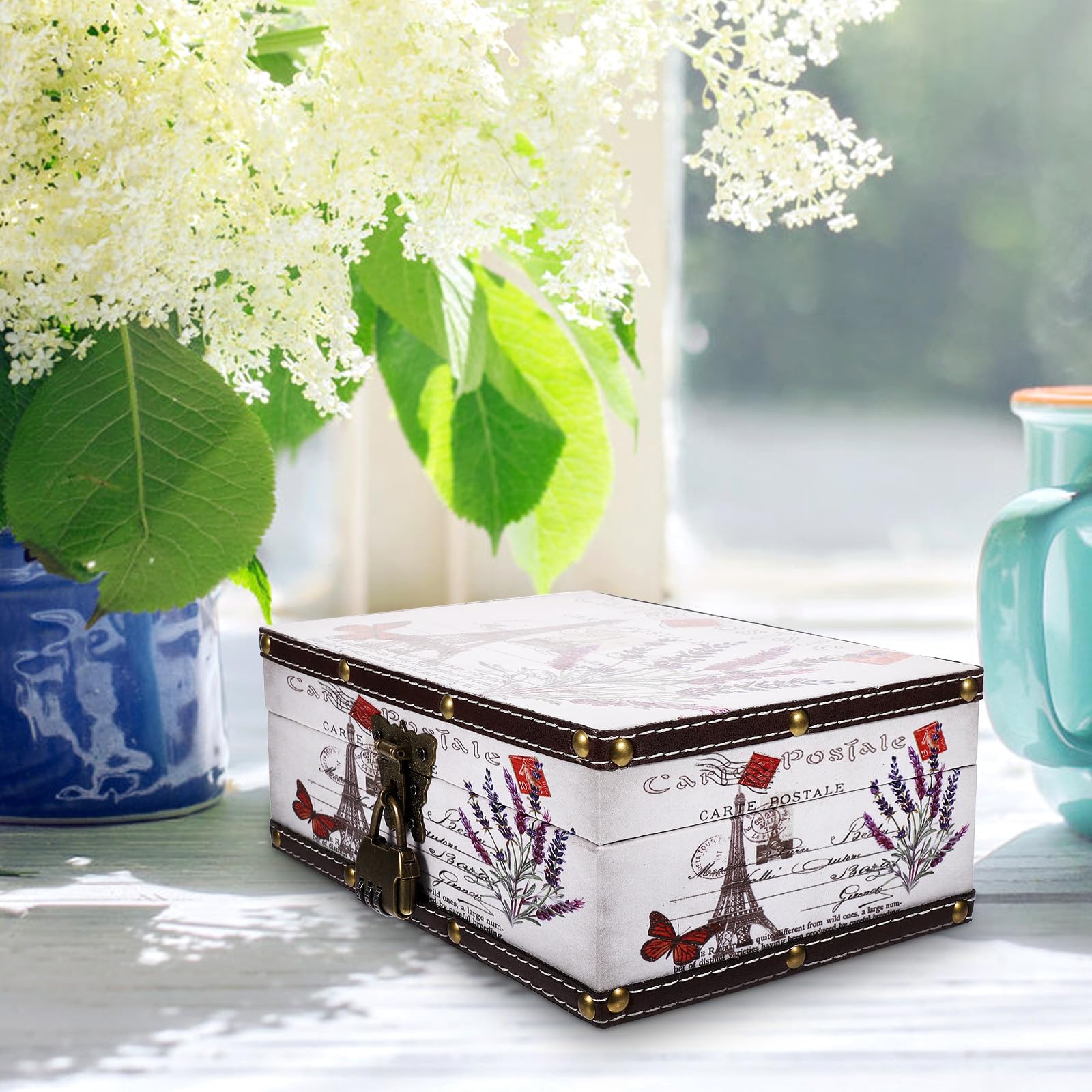 Vintage Holz Aufbewahrungsbox mit Deckel und Schloss aus Dichteplatte und Leder Dekorative Retro Schmucktruhe für Zuhause und Kommode Ausreichend Großes Volumen