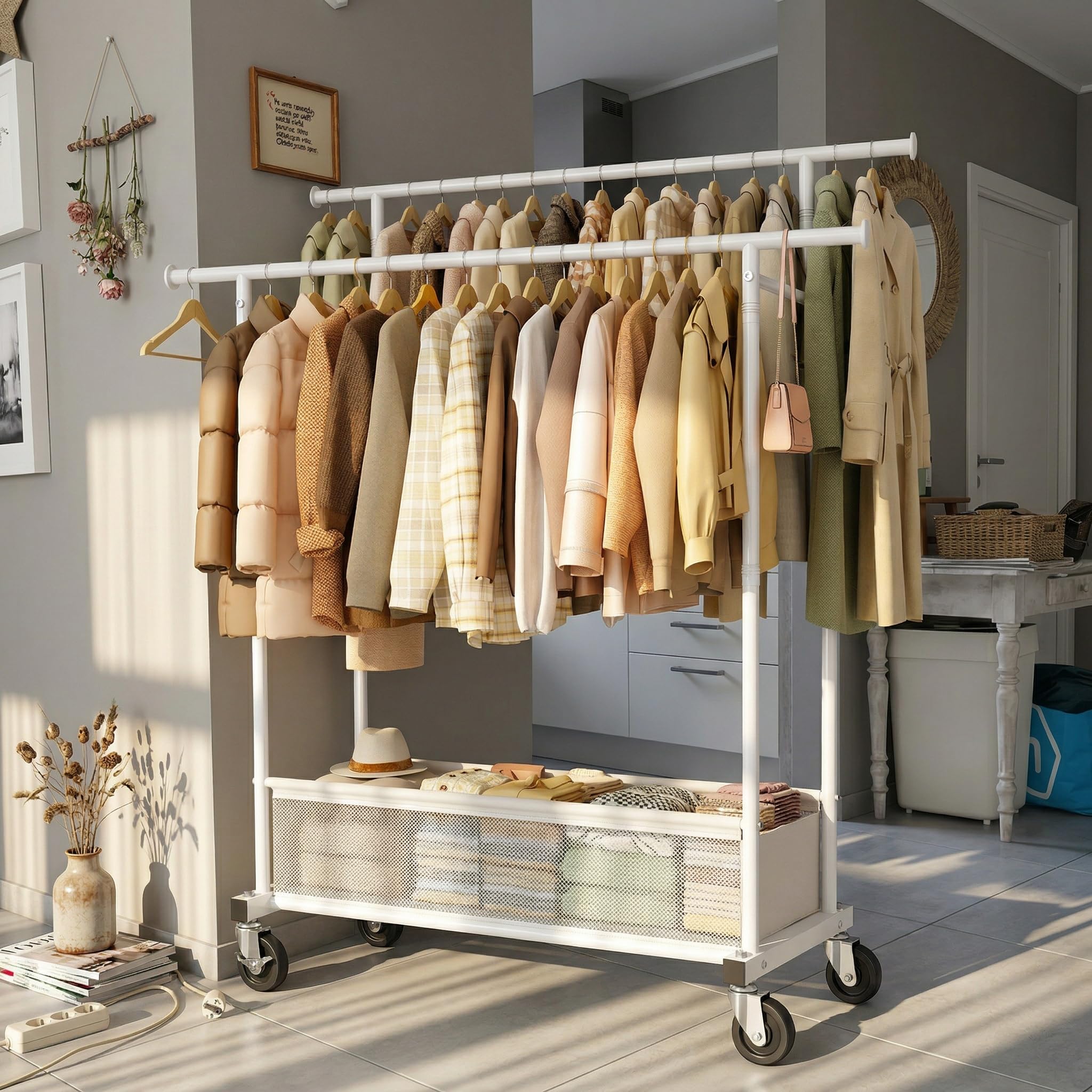 110cm Doppio Stand Appendiabiti con Ruote, Portata massima 110KG Metallo Stand Appendiabiti con 48L Traspirante Cesto Portabiancheria, per Giacche, Maglioni, Scarpe, Camera da letto, Bianco