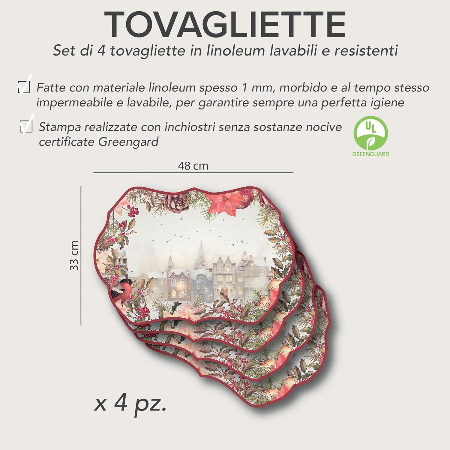 CREARREDA Christmas Placemats, Set of 4 PVC Breakfast Placemats, 48 x 33 cm, Non-Slip, Washable, Dirt-Resistant, Heat Resistant, Made in Italy